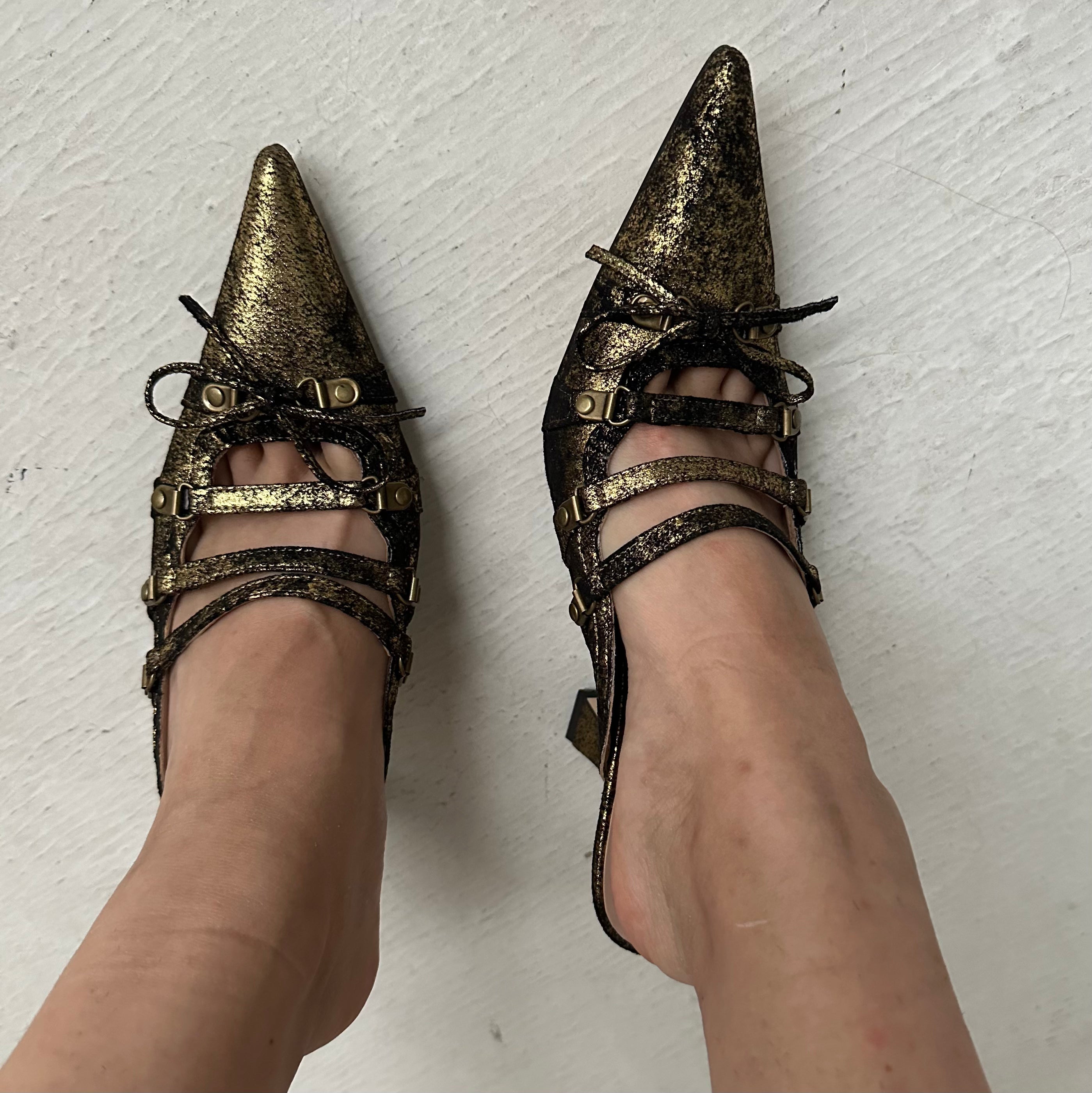 Gold Suede Satin Lace Up Pointed Toe Mules