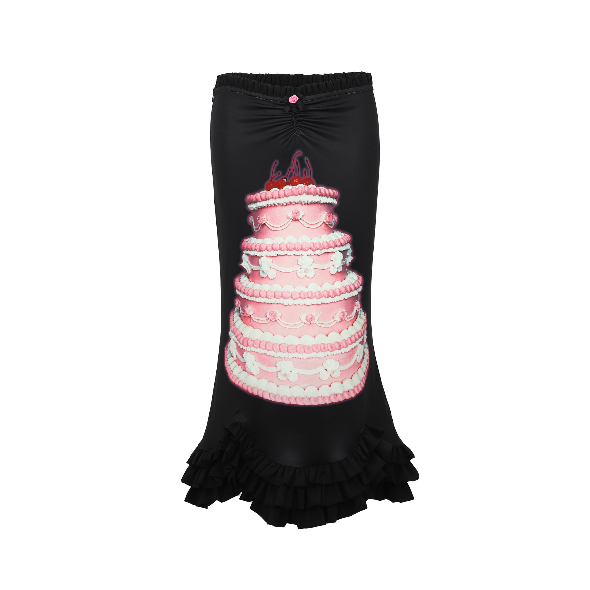 Birthday Cake Print Black Stretchy Fishtail Skirt.