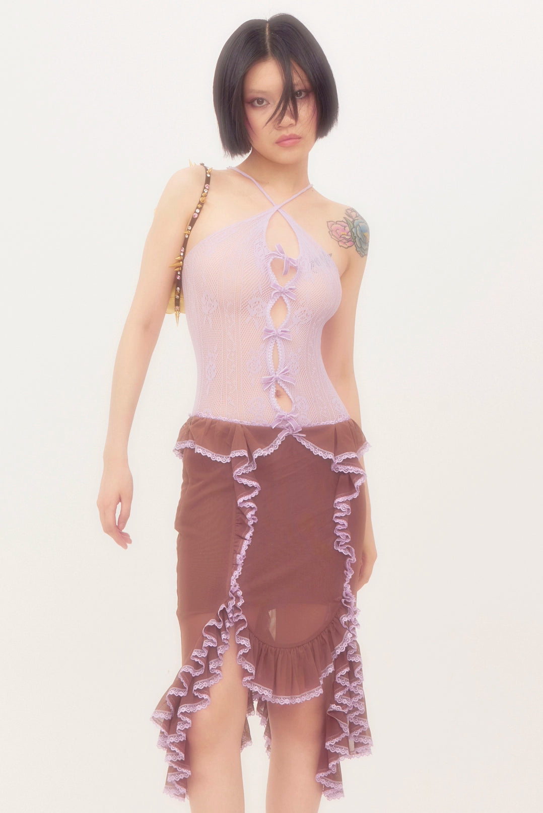 Lace Trim Brown Netting Skirt
