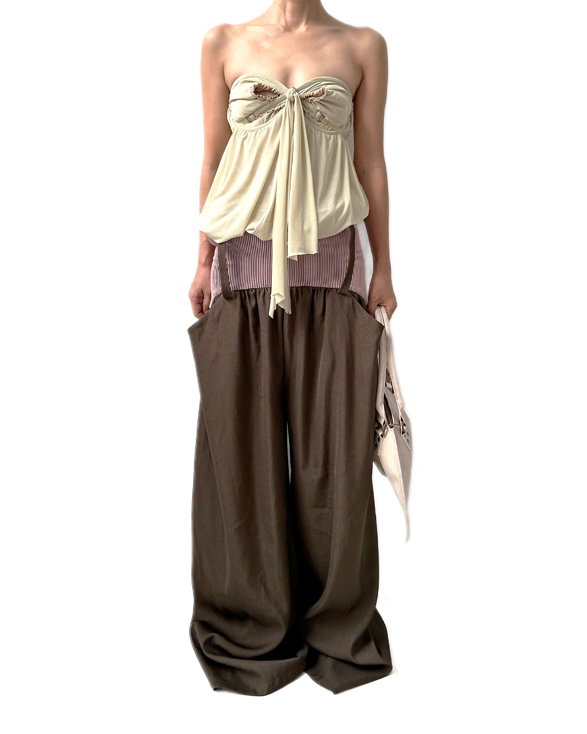 Low-rise Twill Oversized Baggy Trousers Taupe w/ Pink Rib Band