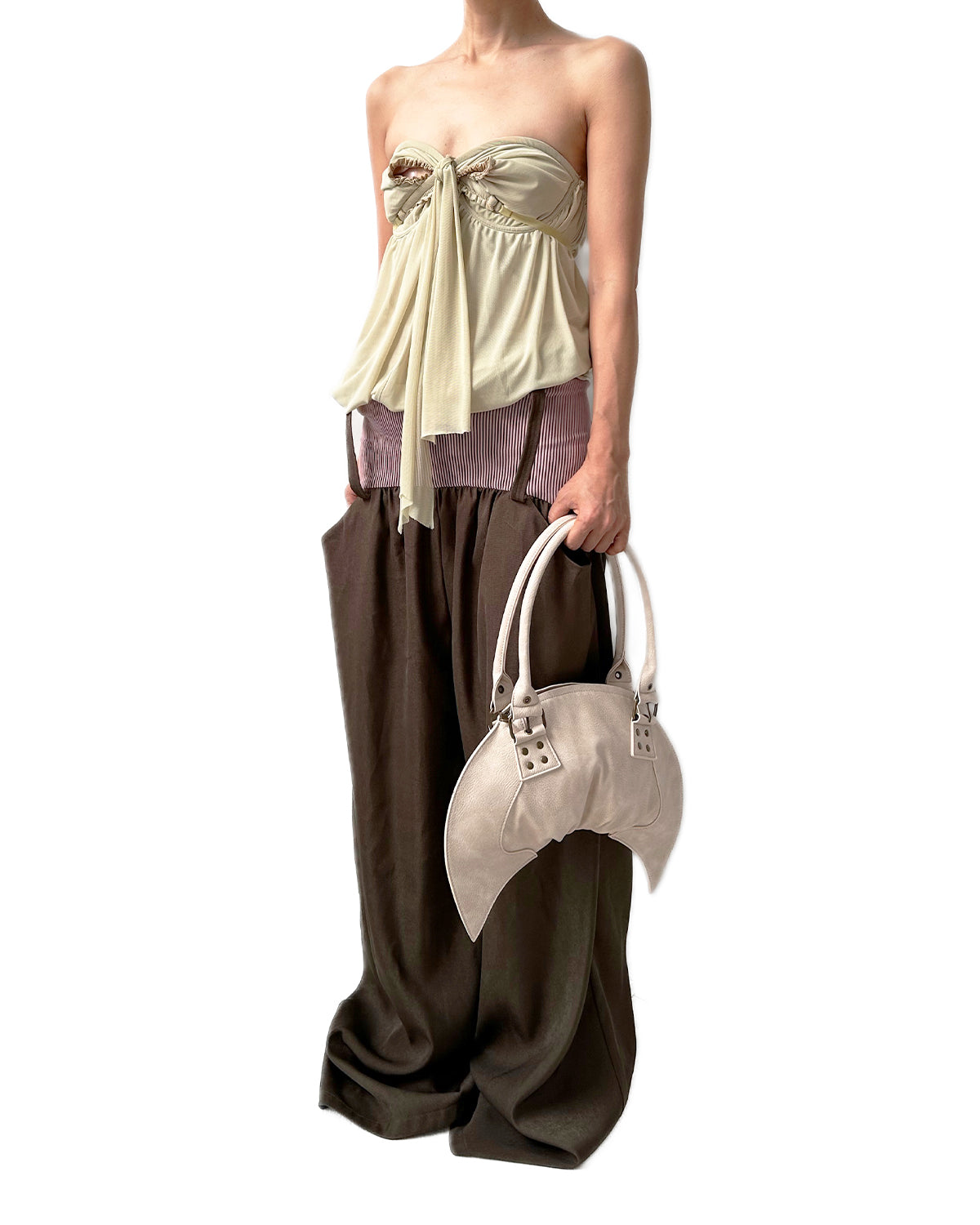 Low-rise Twill Oversized Baggy Trousers Taupe w/ Pink Rib Band
