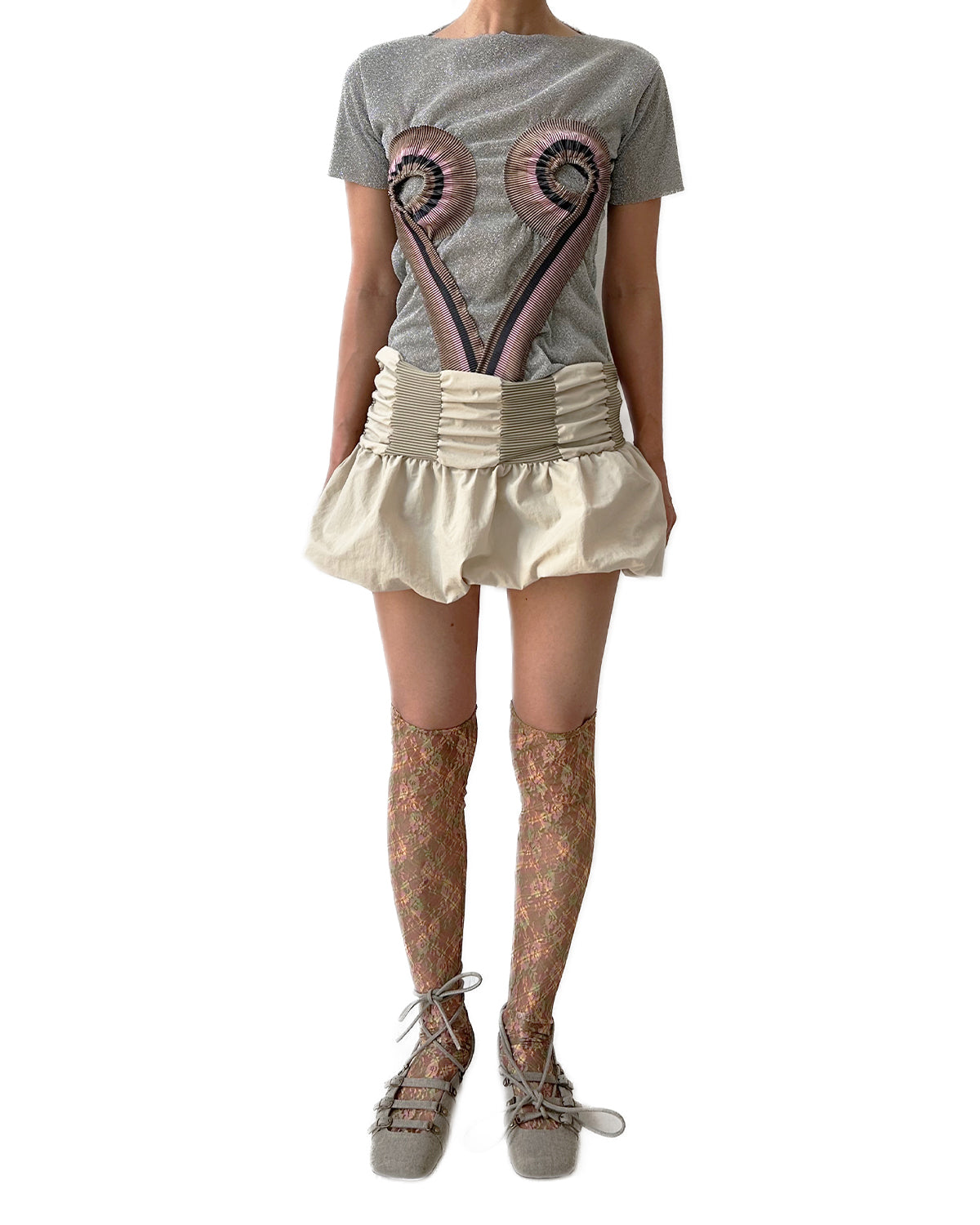 Nylon Rib Block Bubble Skirt Jade Ivory