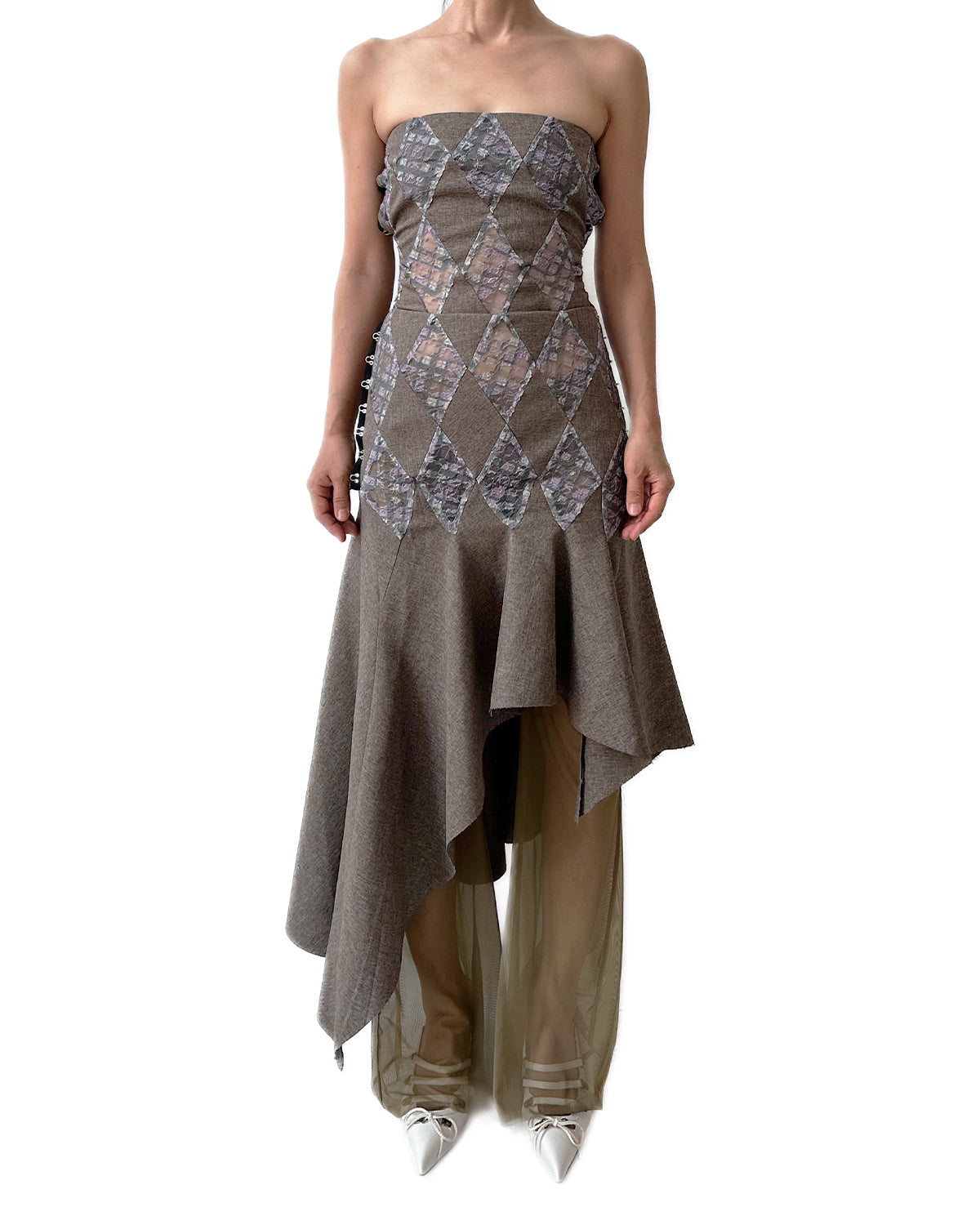 Patchwork Lace Purple Plaid Office Flared Midi Dress