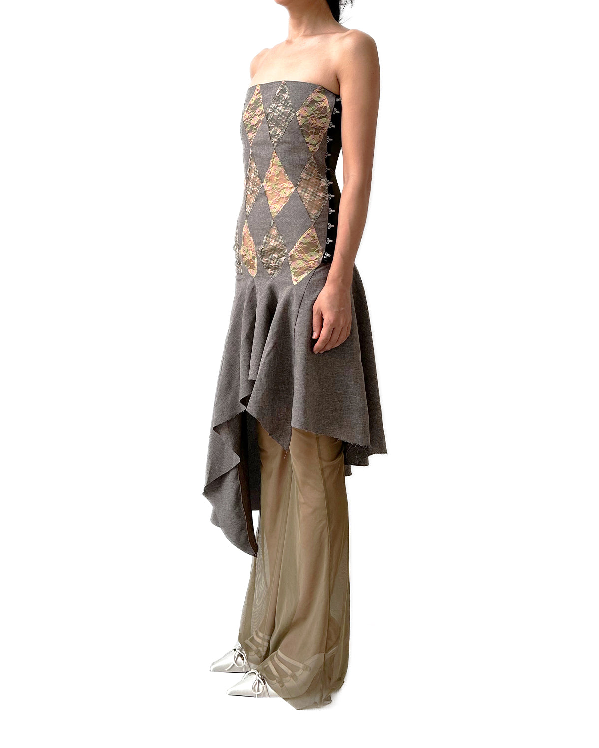 Patchwork Lace Lunar Spring Plaid Office Flared Midi Dress