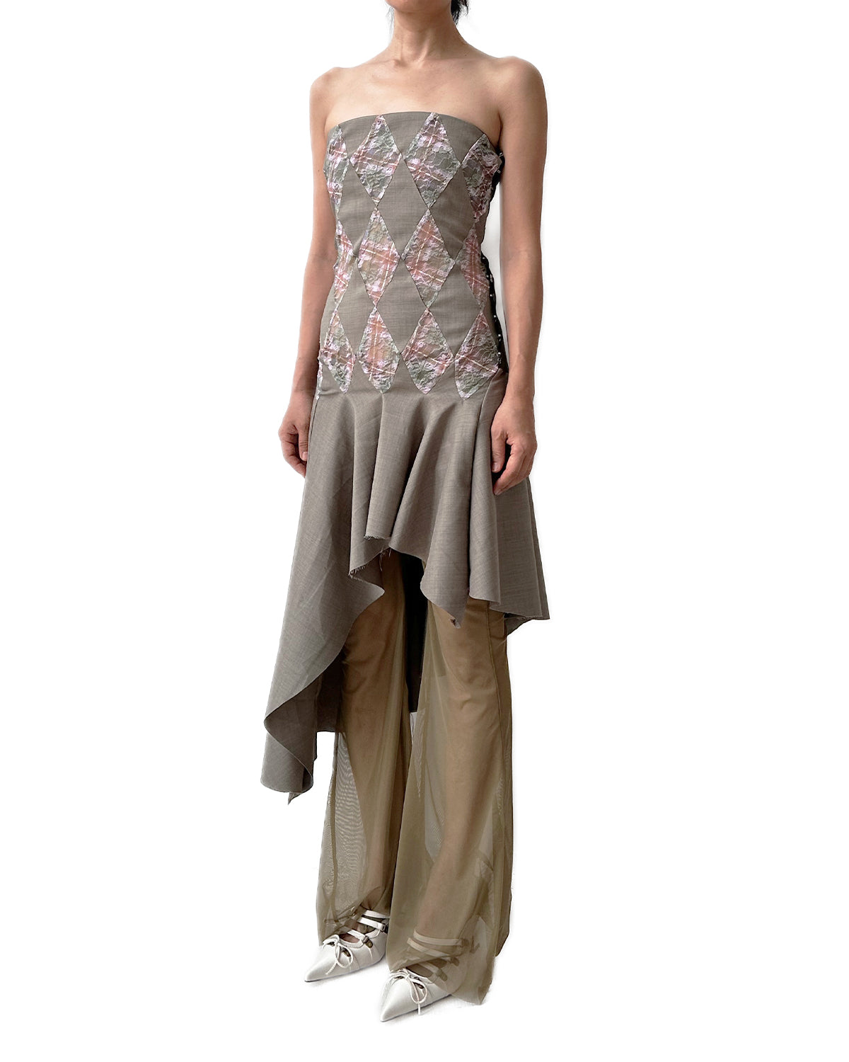 Patchwork Lace Petal Tartan Office Flared Midi Dress