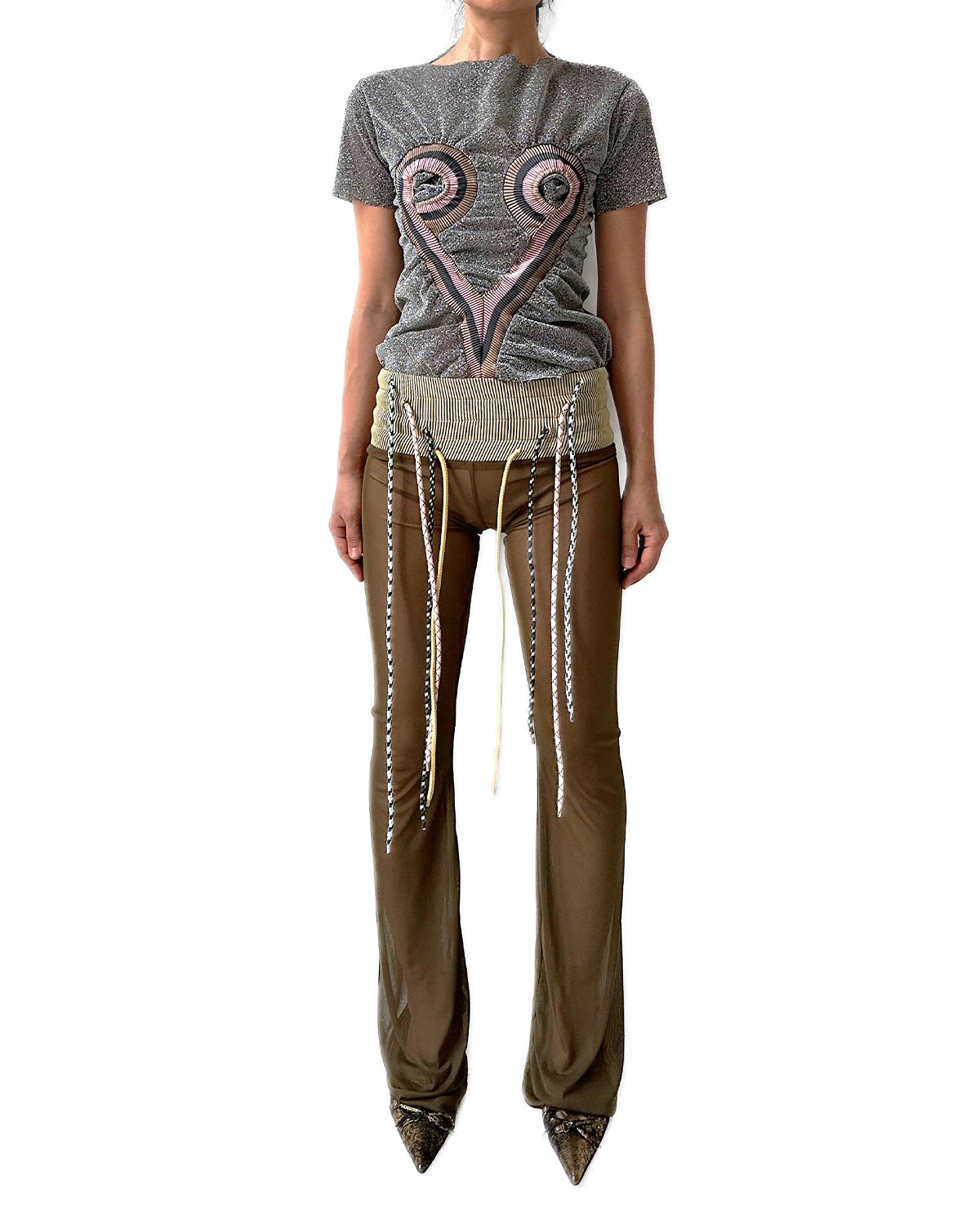 Metallic Dark Silver Top Stripe Rib Patched Heart Shape Tee T-shirt