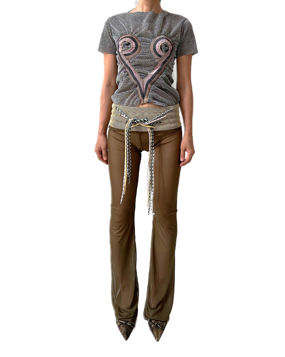 Metallic Dark Silver Top Stripe Rib Patched Heart Shape Tee T-shirt