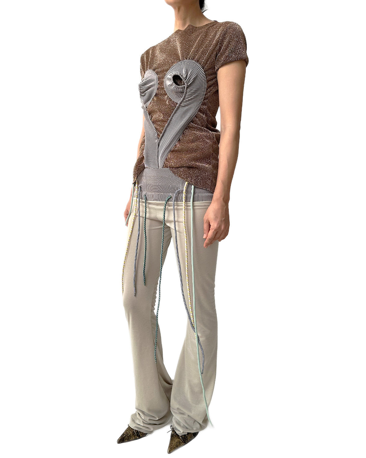 Low-rise Jersey Rib Flared Pants Beige Thistle w/ 4 Strings