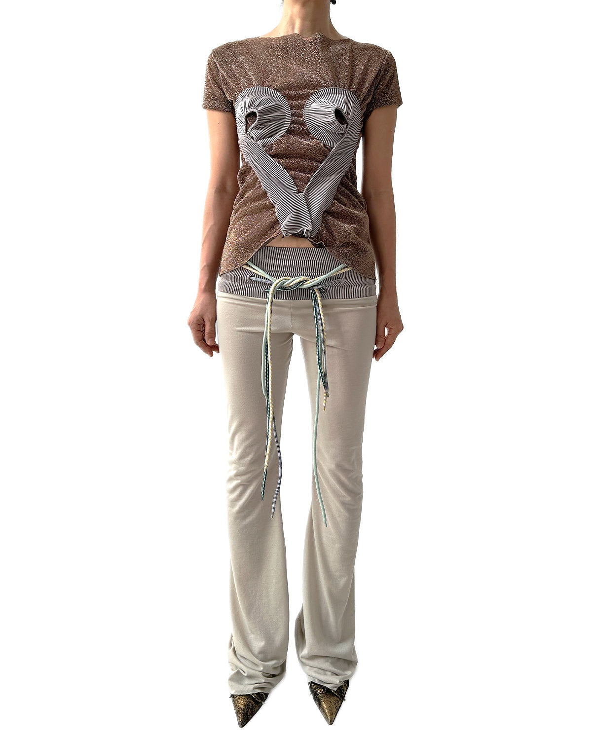 Low-rise Jersey Rib Flared Pants Beige Thistle w/ 4 Strings