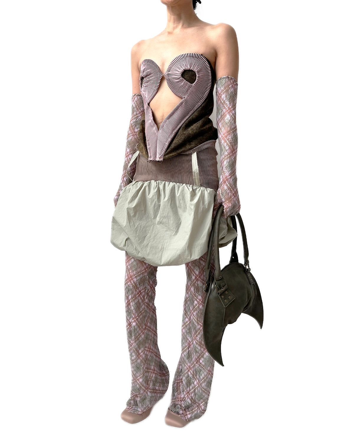 Heart Rib Pink Patchwork Tie-Dye Denim Corset Top with Cutout