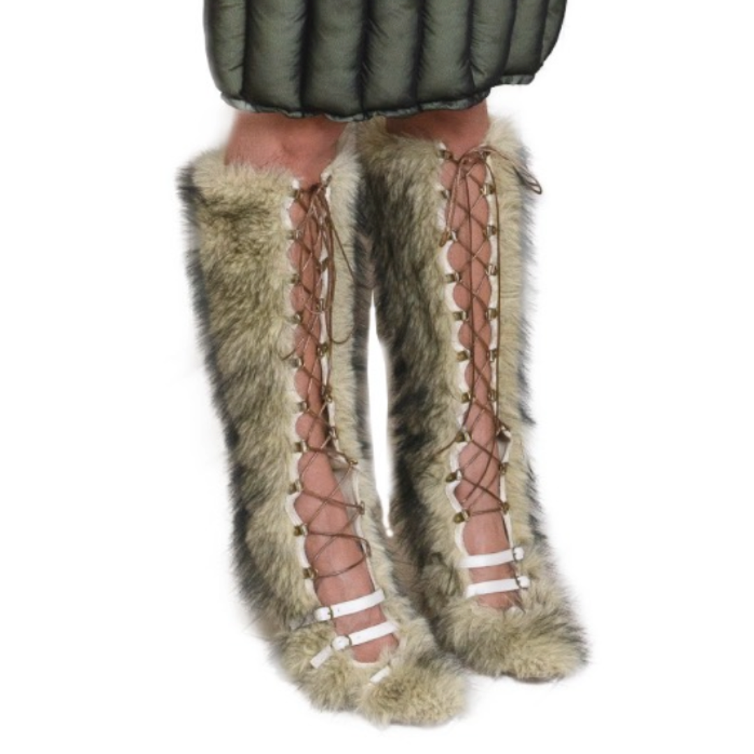 Satin Binded Lace Up Faux Fur Caterpillar Boots Straw Yellow