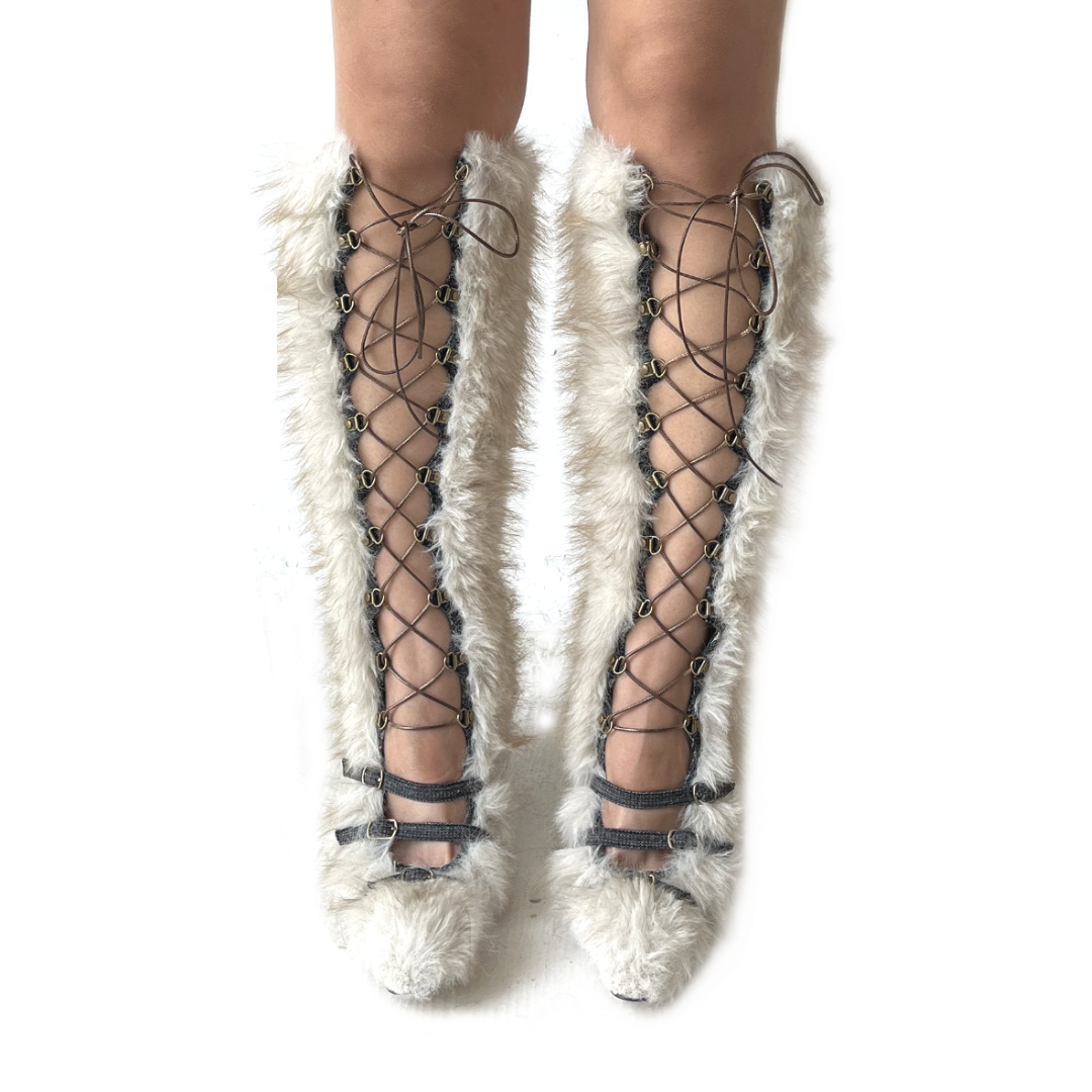 Denim Binded Lace Up Faux Fur Caterpillar Boots White