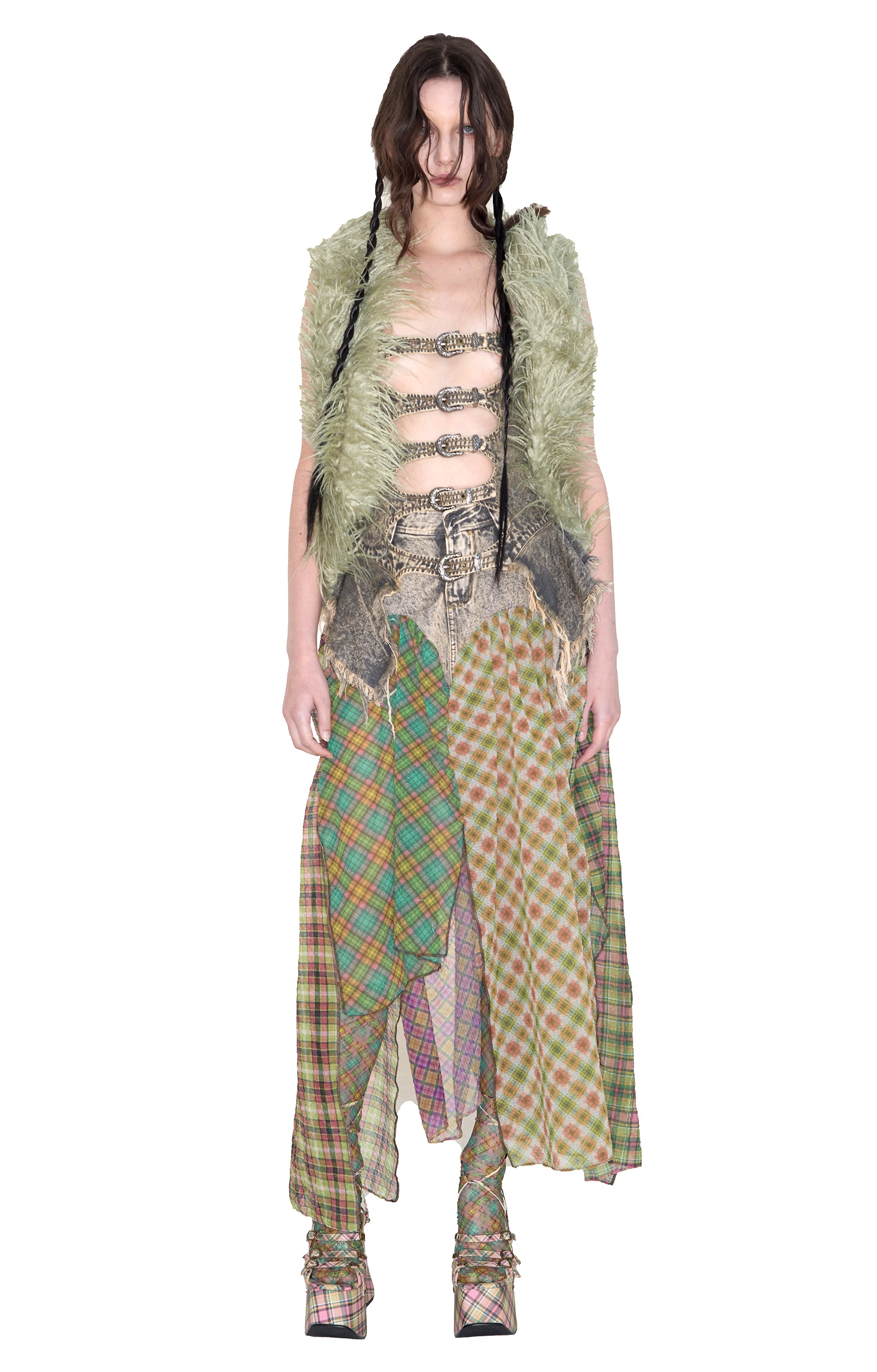 Buckle Belt Denim Corset Top Green