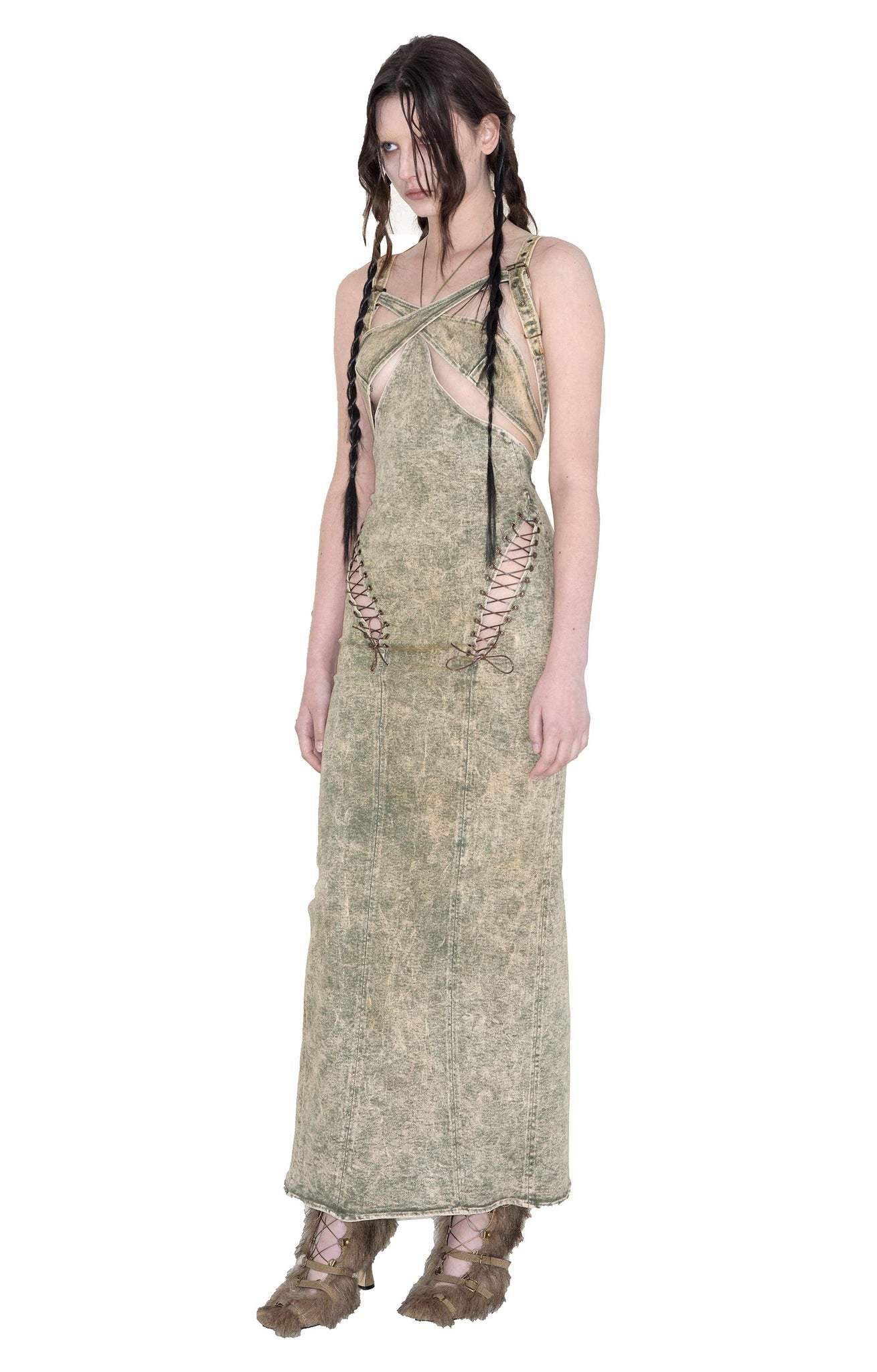 Denim Lace Up Cutout Cross Over Sleeveless Maxi Dress