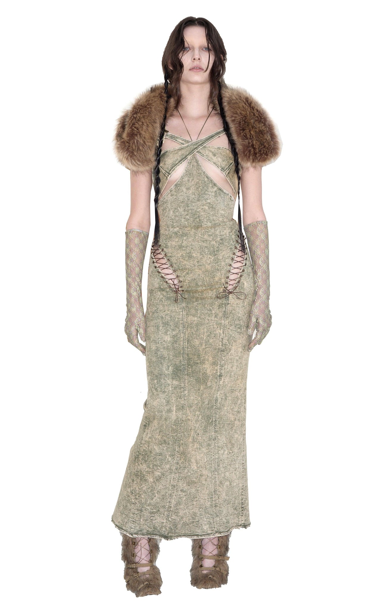 Denim Lace Up Cutout Cross Over Sleeveless Maxi Dress