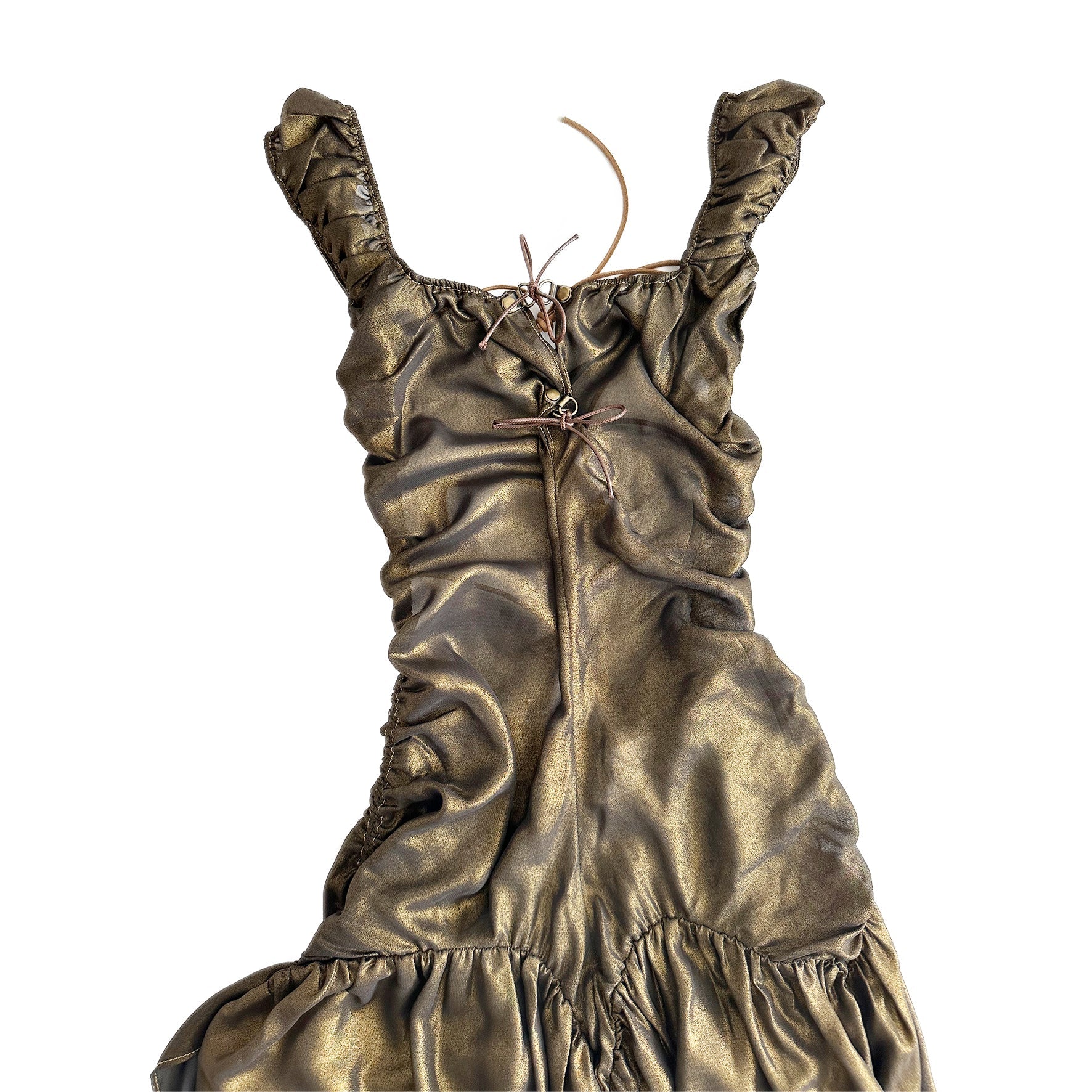 Plaid Puff Chiffon Asymmetrical Dress Gold Chiffon