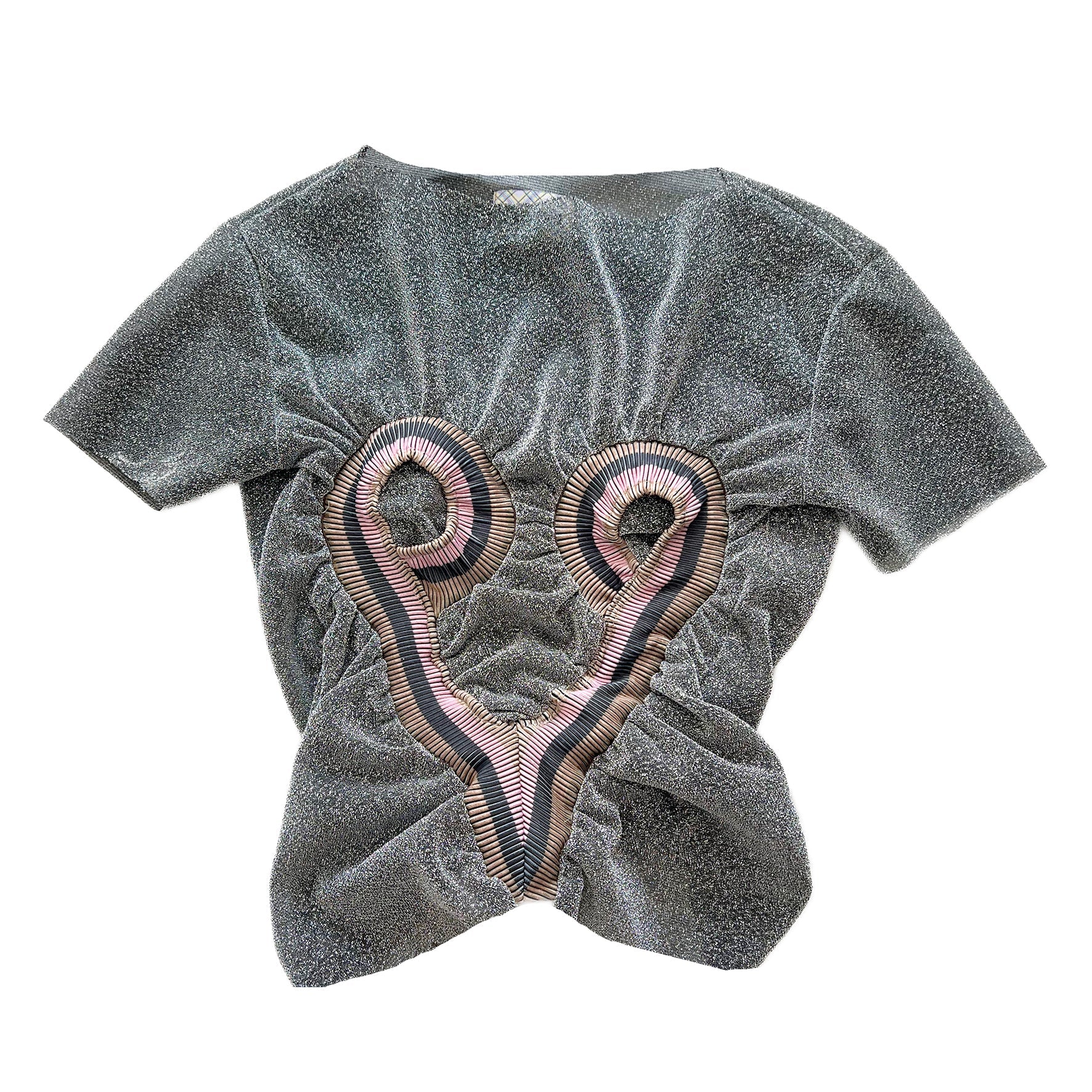 Metallic Dark Silver Top Stripe Rib Patched Heart Shape Tee T-shirt