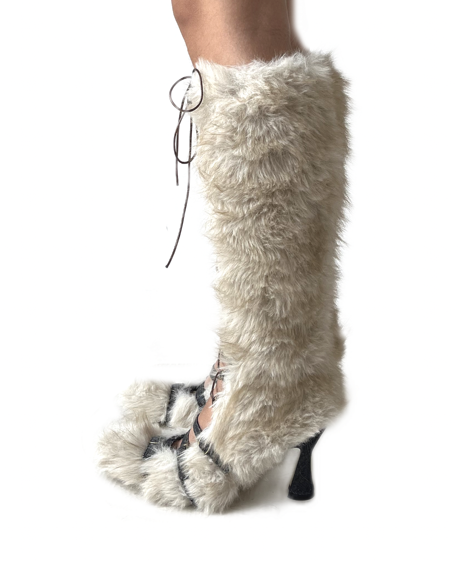 Denim Binded Lace Up Faux Fur Caterpillar Boots White