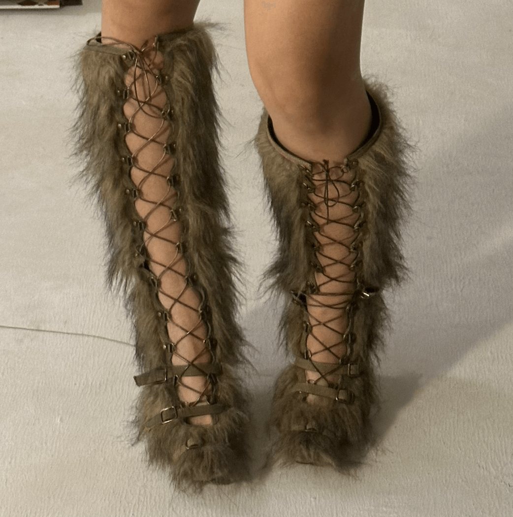 Denim Binded Lace Up Faux Fur Caterpillar Boots 40