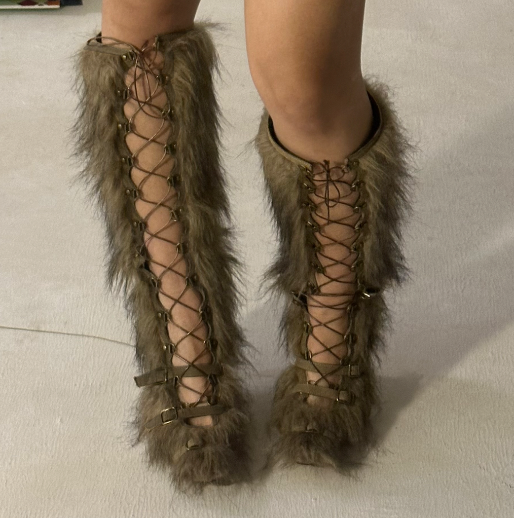 Denim Binded Lace Up Faux Fur Caterpillar Boots