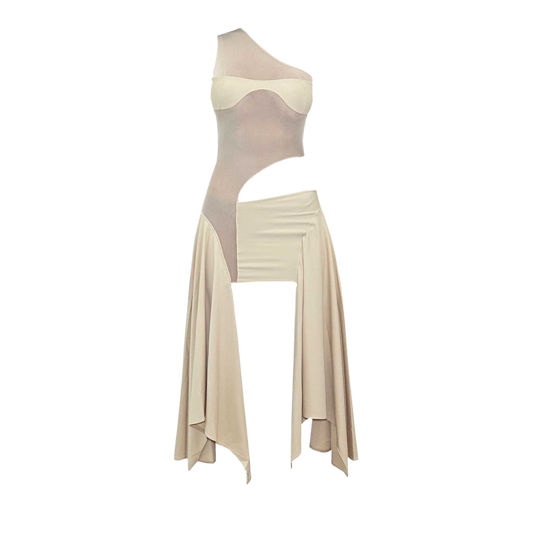 Tricot/Mesh Cut Out Dress in Beige
