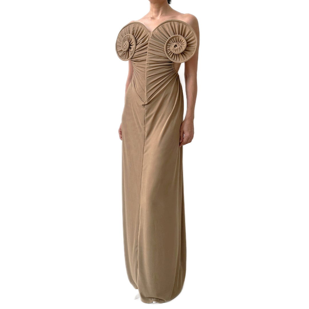 Draped Sea Shell Swirl Maxi Gown Khaki