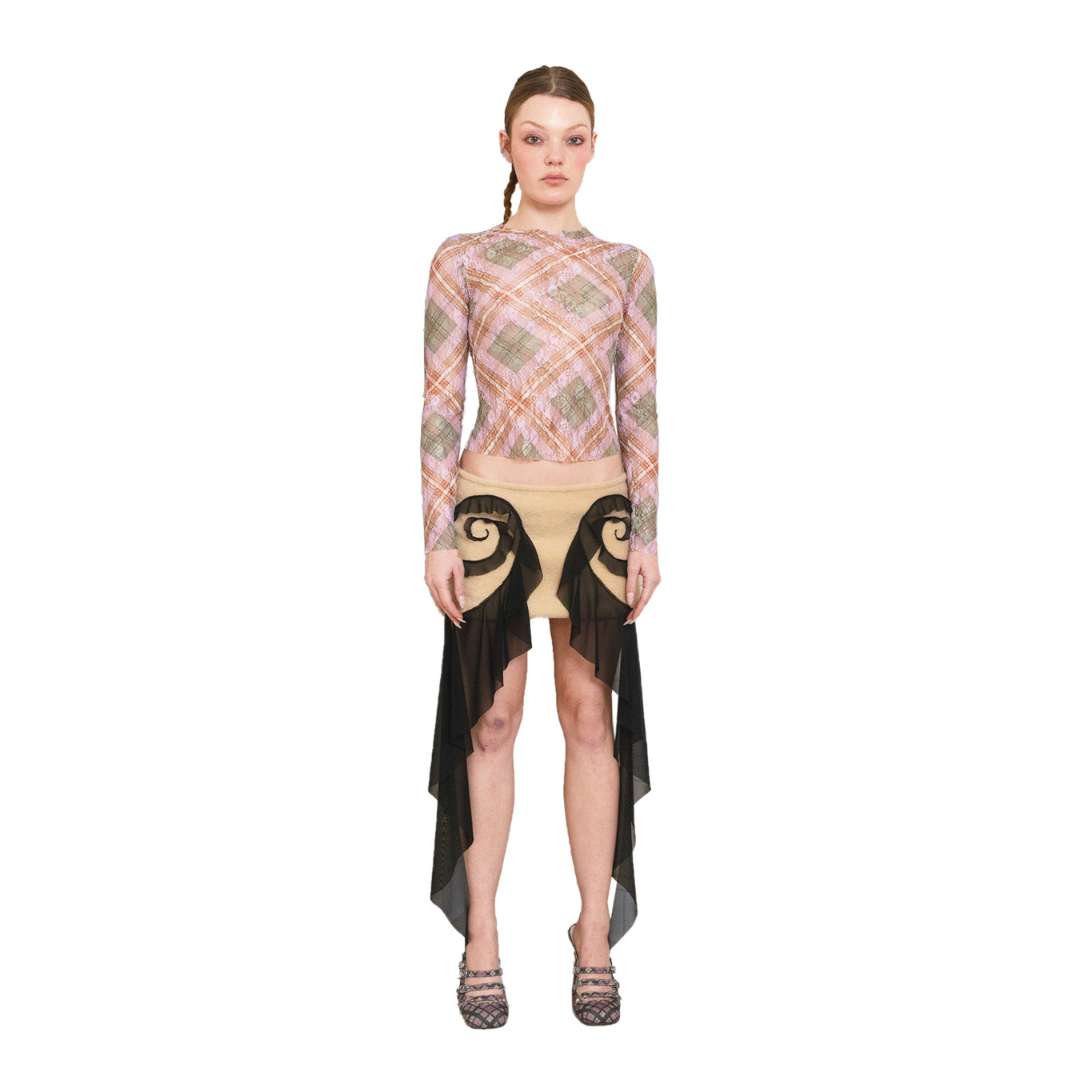 Hakuto Tartan Lace Plaid Long Sleeve Stretch Top