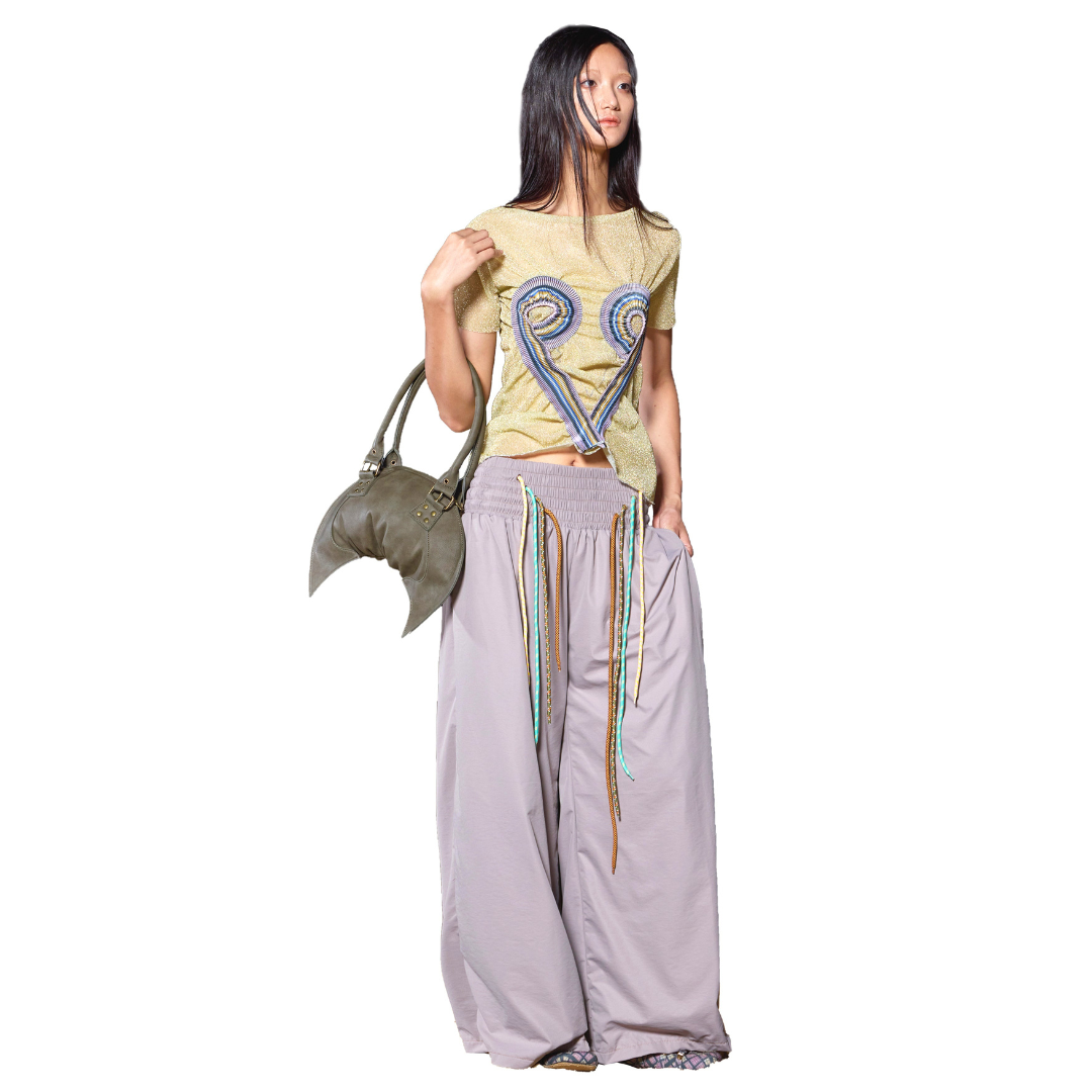 Low-rise Nylon Sports Oversized Baggy Pants W/ 4 Strings Thistle