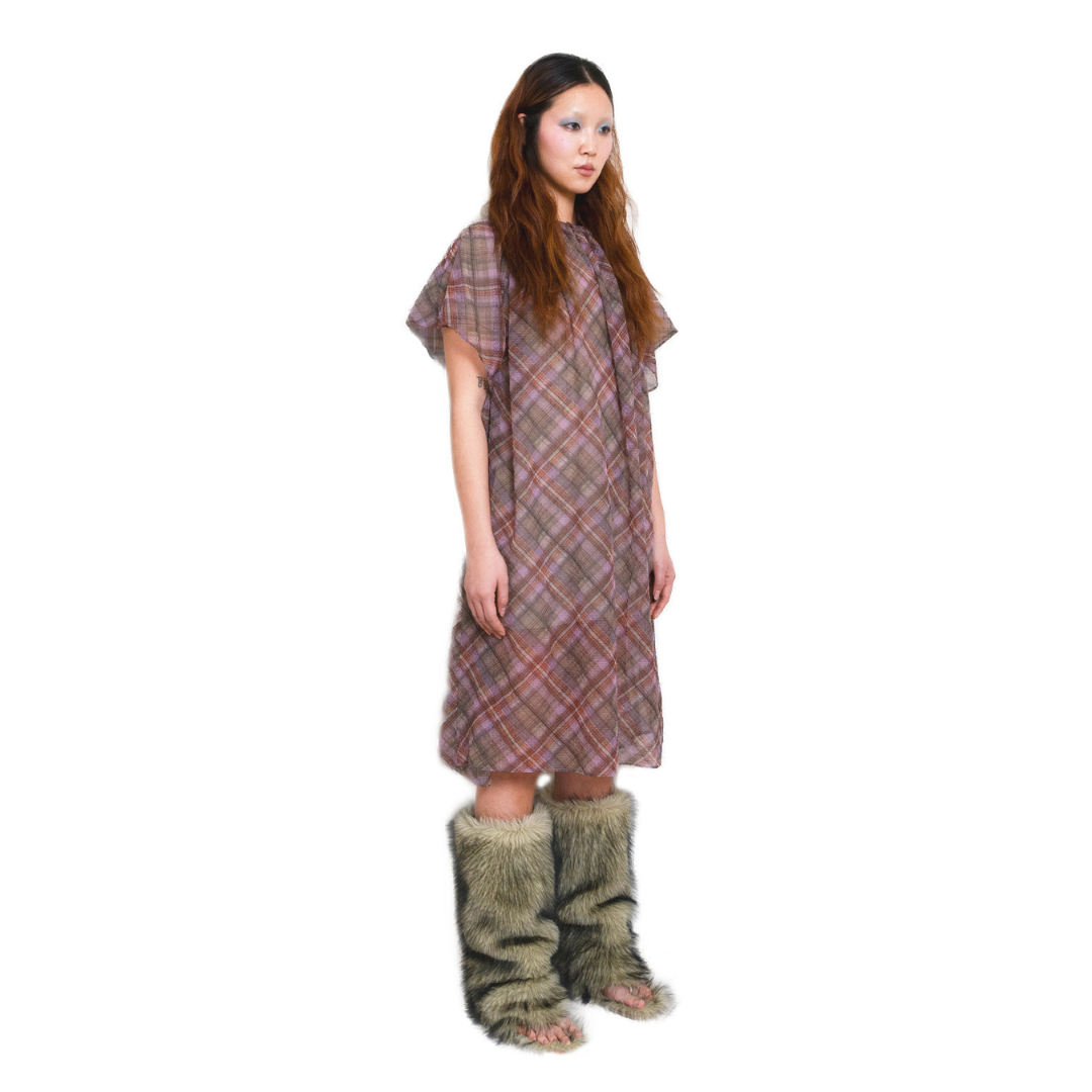 Plaid Puff Chiffon T-shirt Dress Earth Tartan