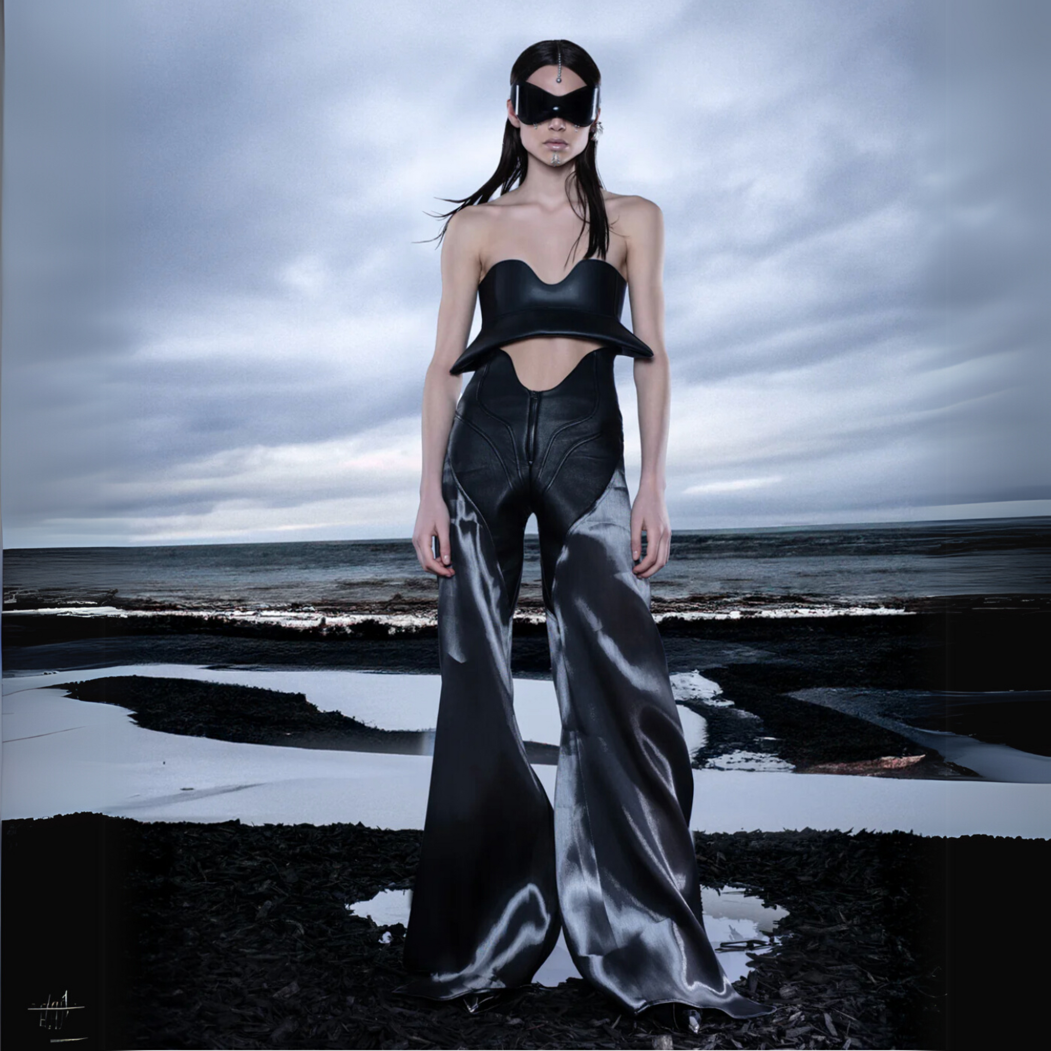 Gun Metal Organza Pant with Leather Waist Band