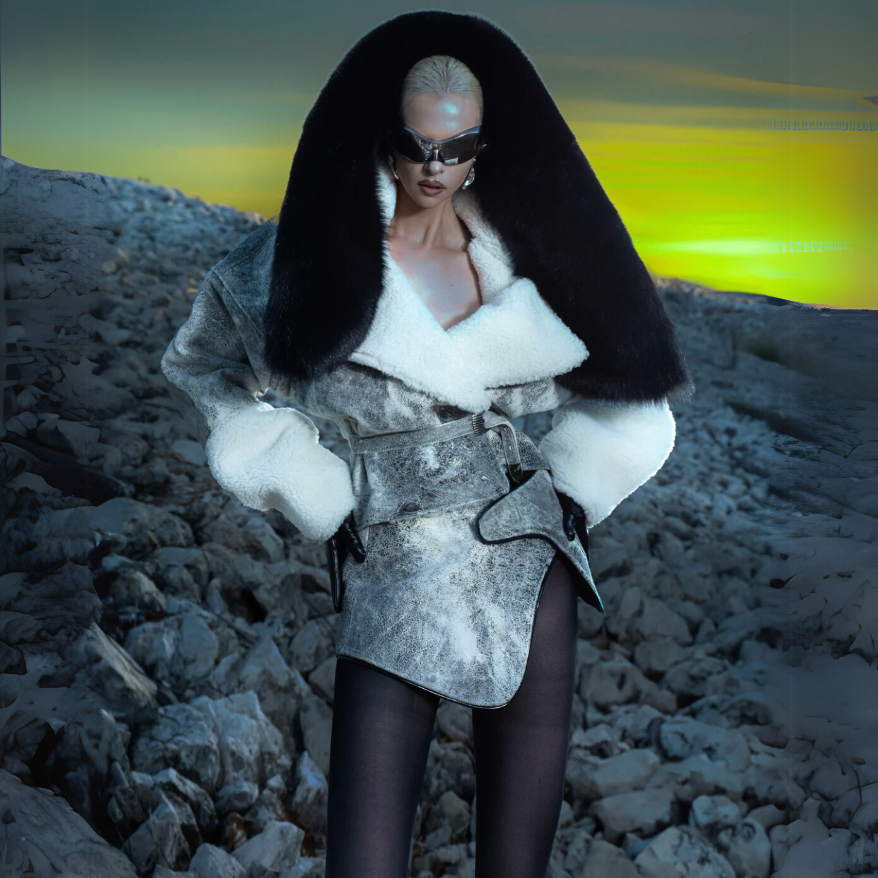 블랙 앤 화이트 크롭 가죽 및 모피 재킷