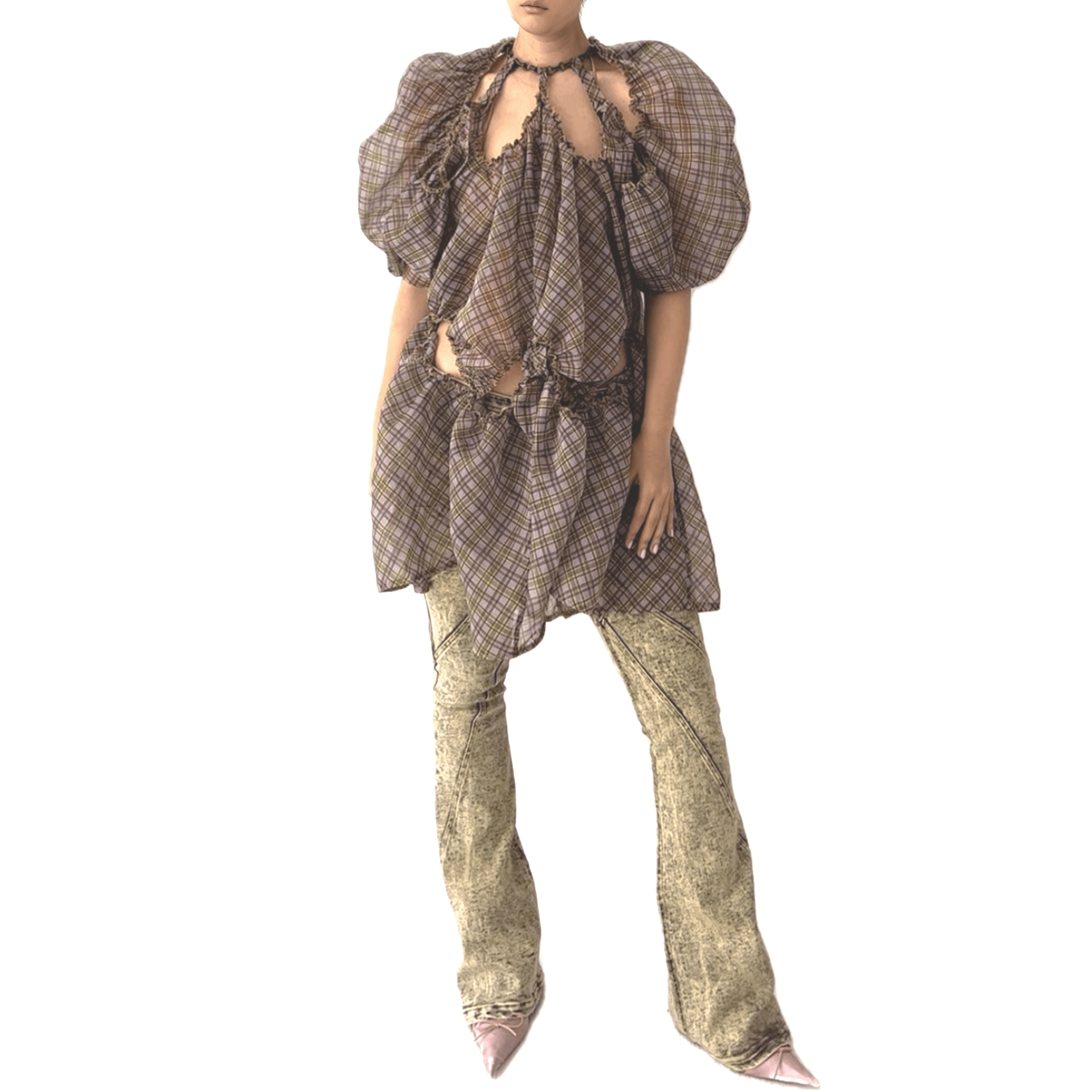 플레드 오간자 퍼프 슬리브 드레스 퍼플 타탄