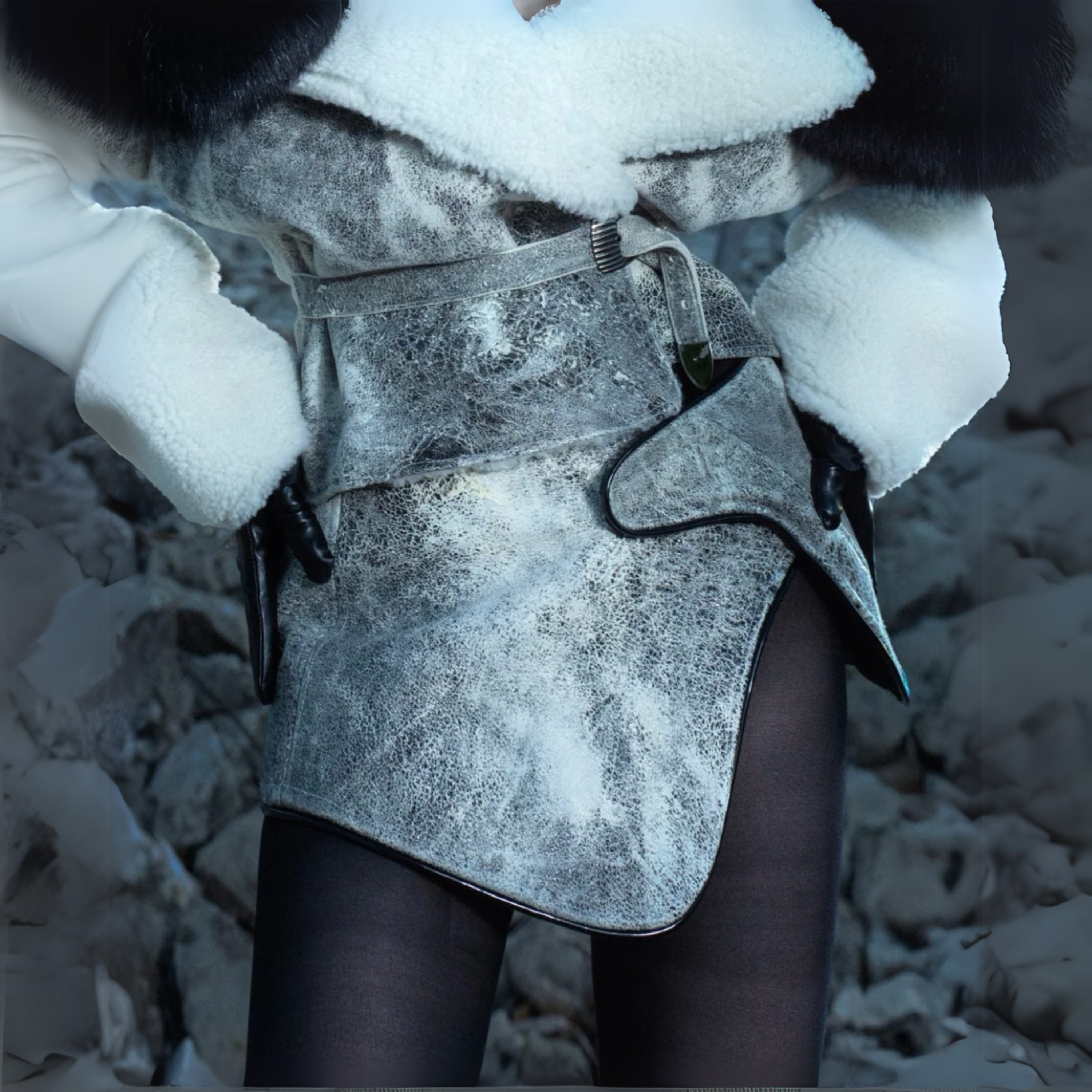 마이크로 블랙 앤 화이트 가죽 스커트