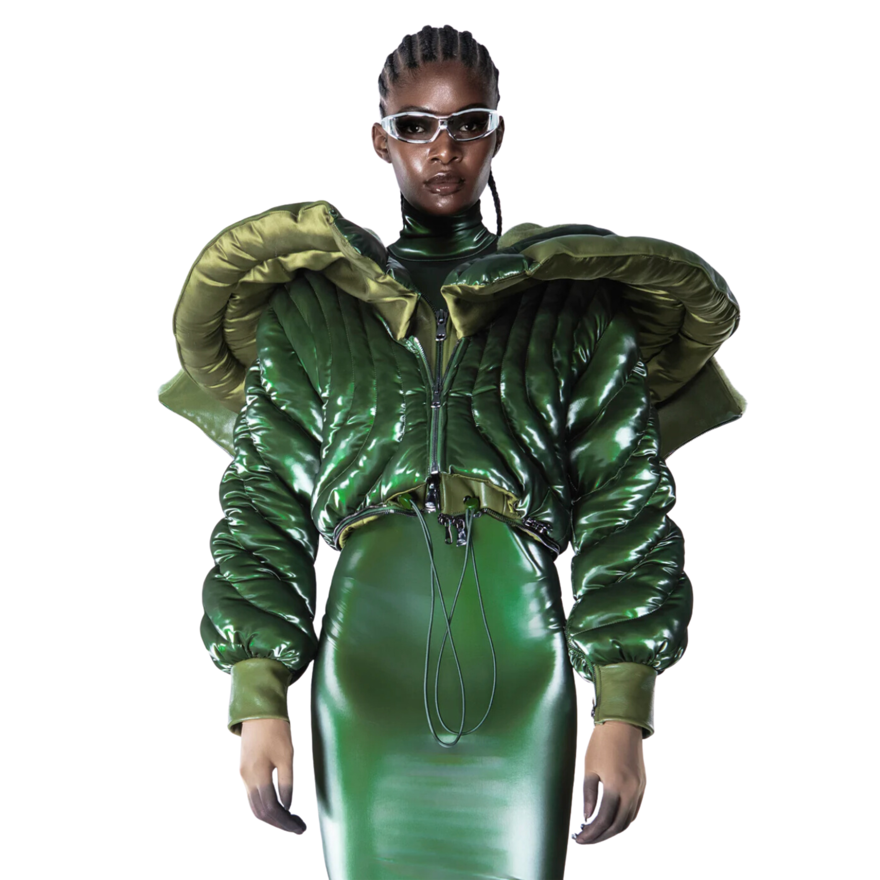 Schwarze, glänzende, gesteppte Pufferjacke