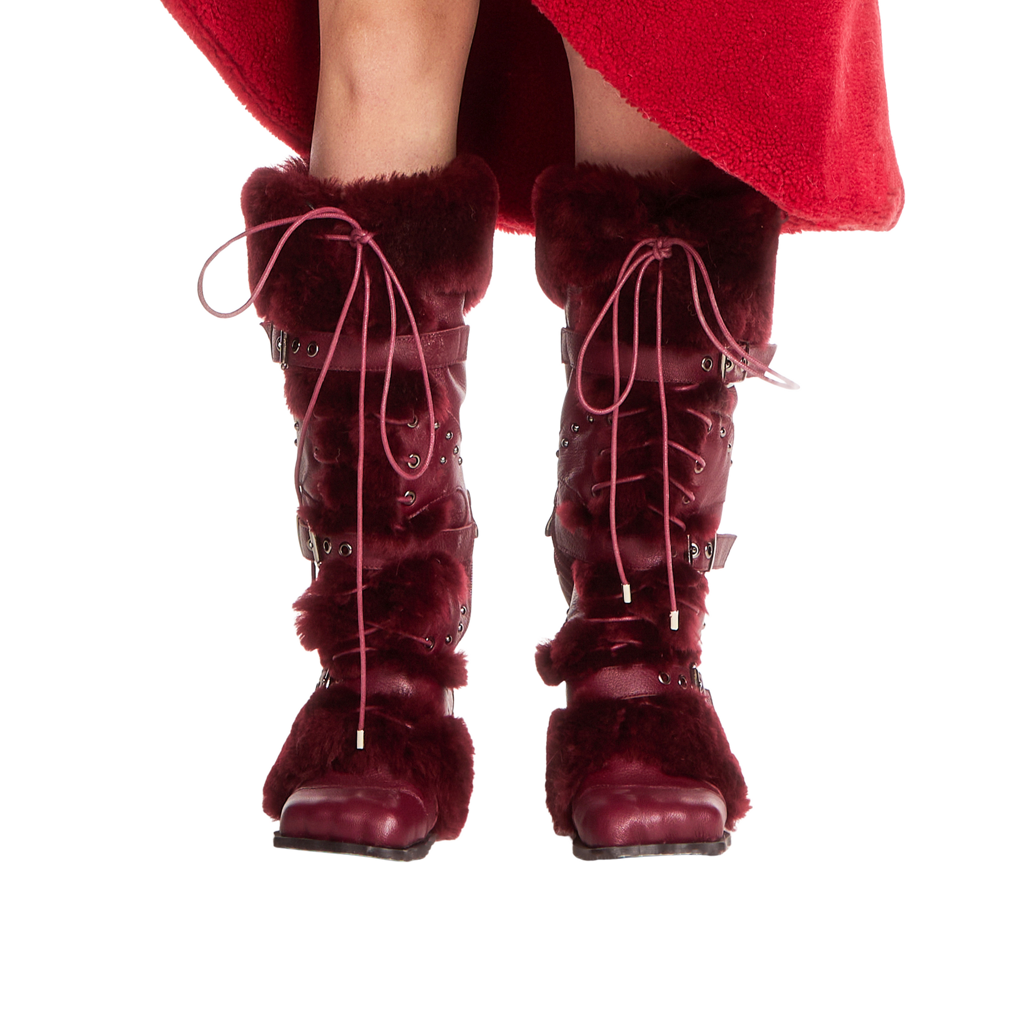 Red Shearling Lace Up Hidden Heels Calf Boots