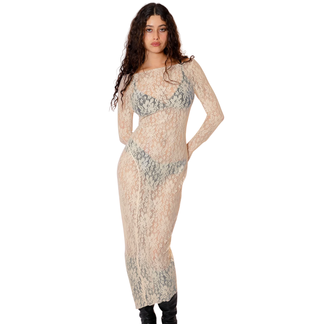 Demeter Long Sleeve Dress in Sandstone Lace