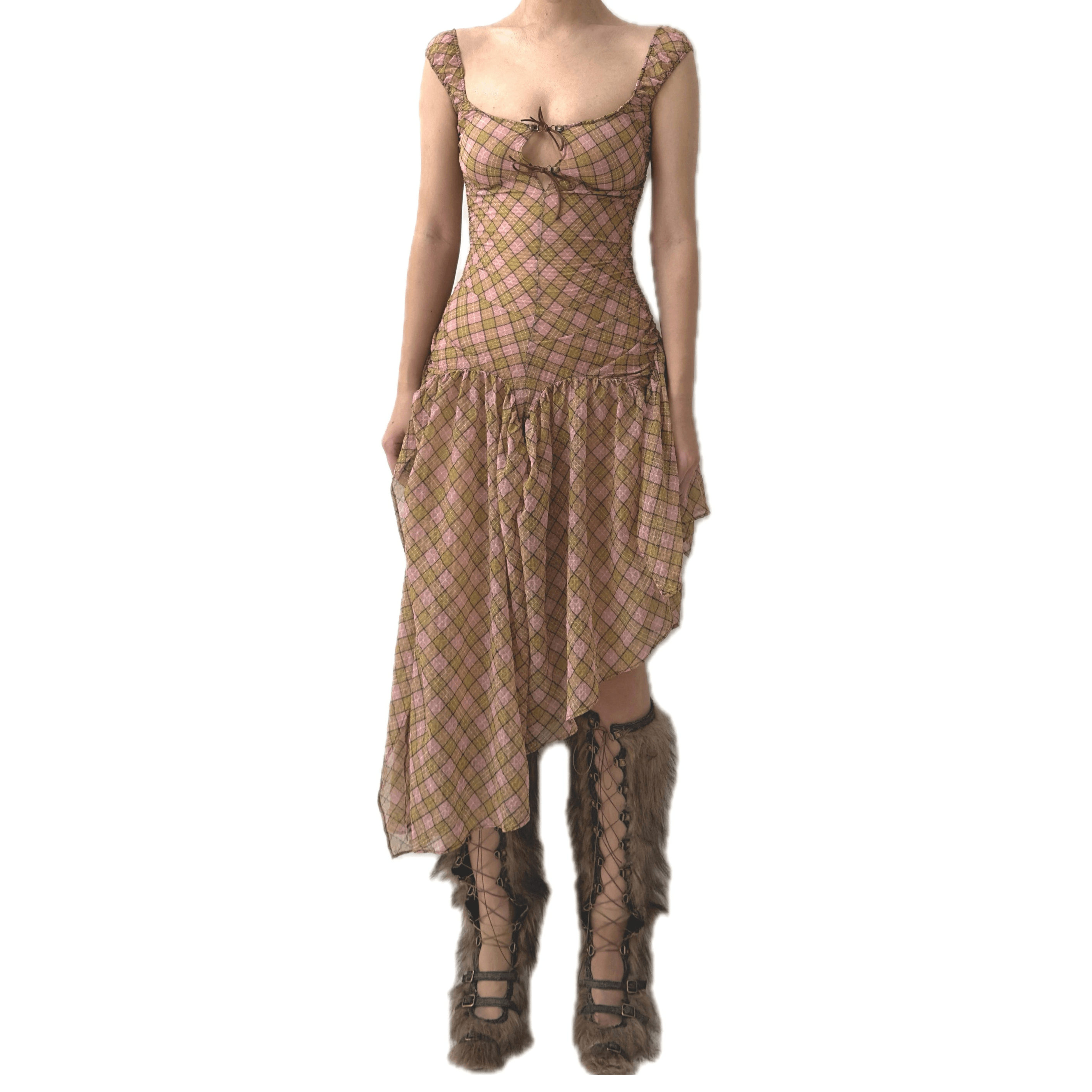 플레드 퍼프 쉬폰 비대칭 드레스 펜루