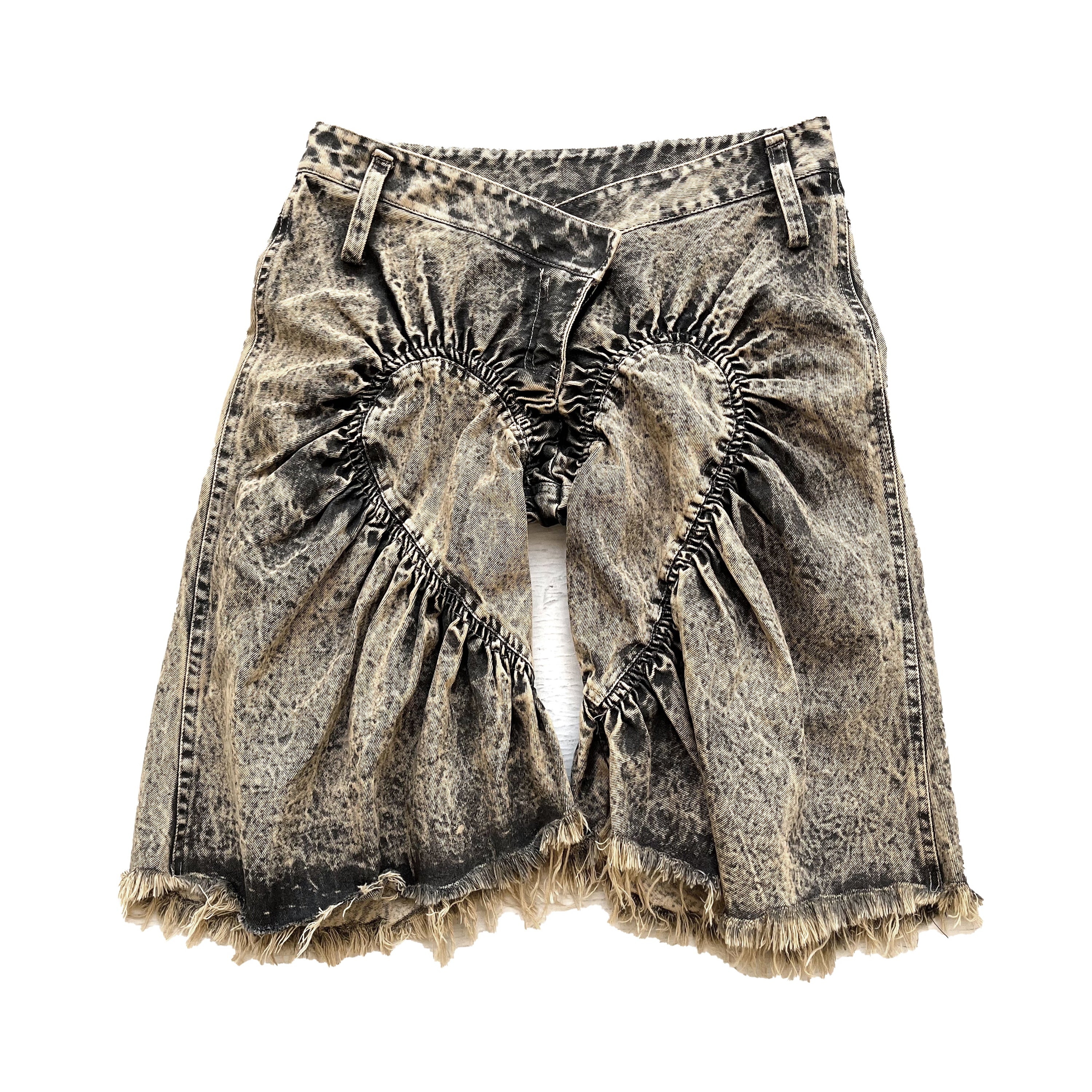 Unisex Ruched Heart Distressed Denim Shorts Black