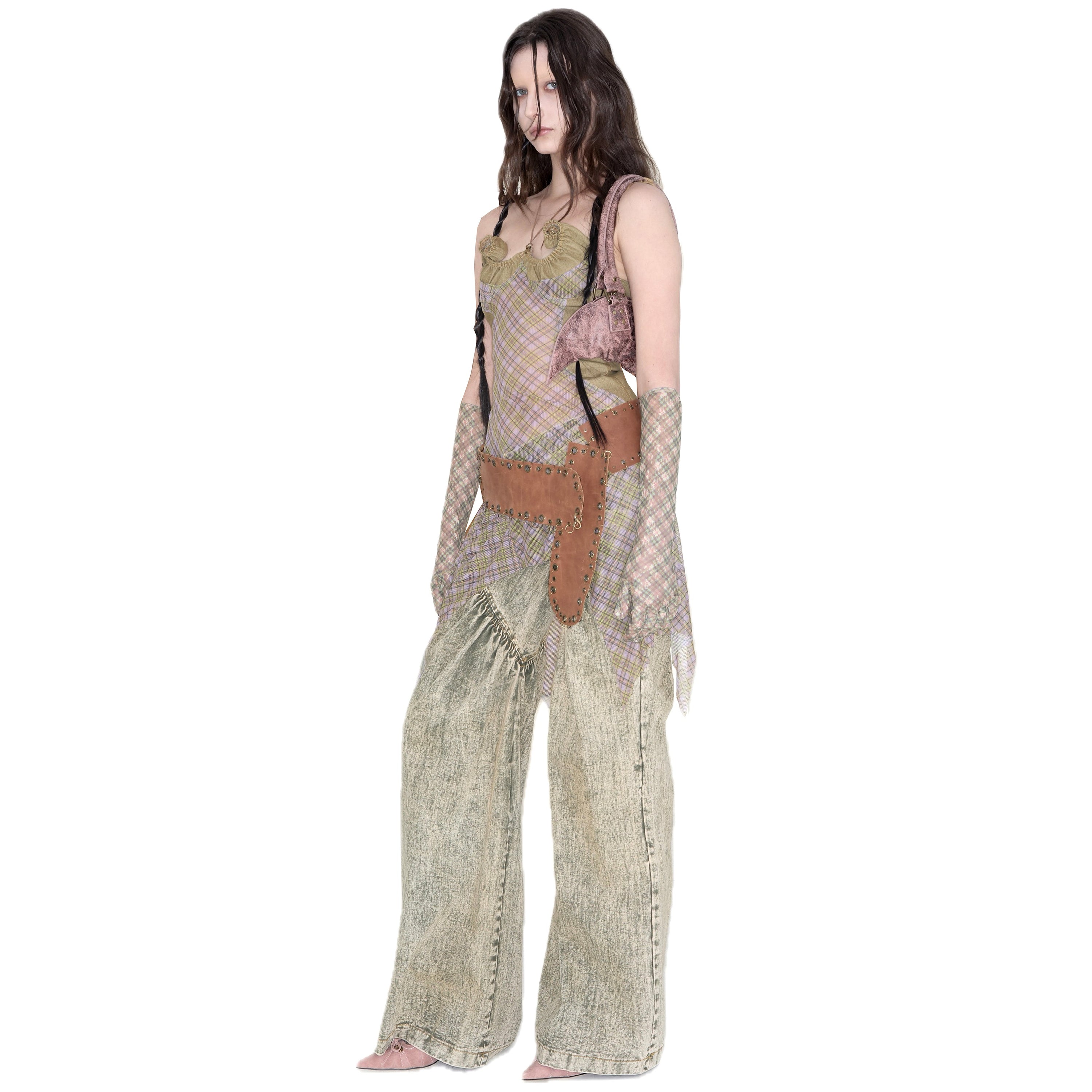 Unisex Ruched Heart Distressed Denim Jeans Green