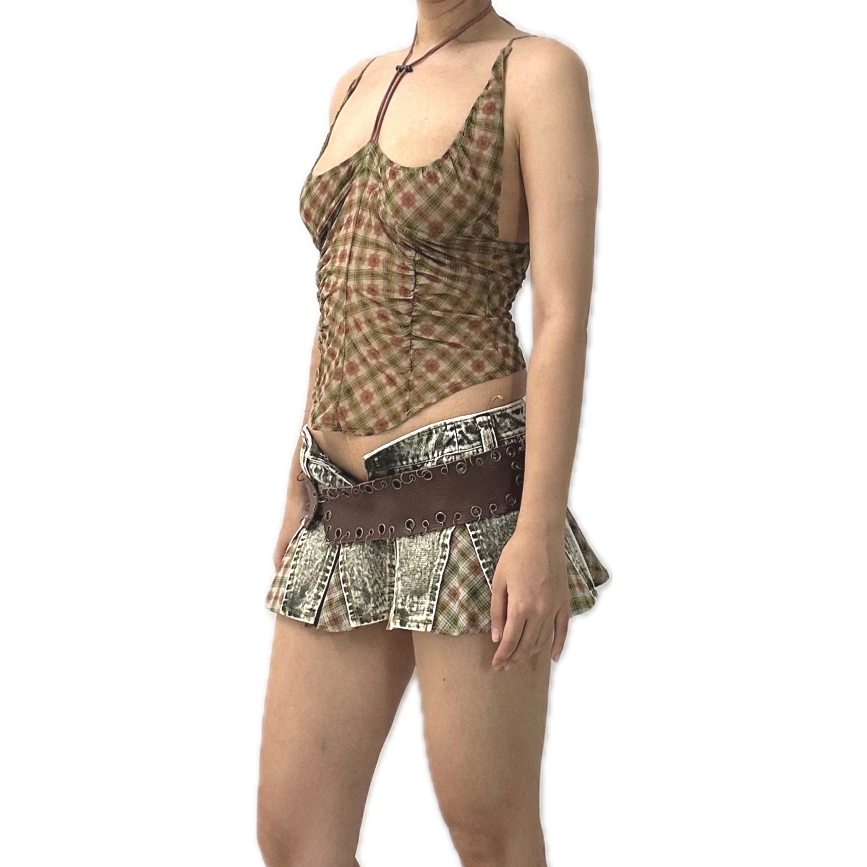 Plaid Mesh Round Hem Halter Tank