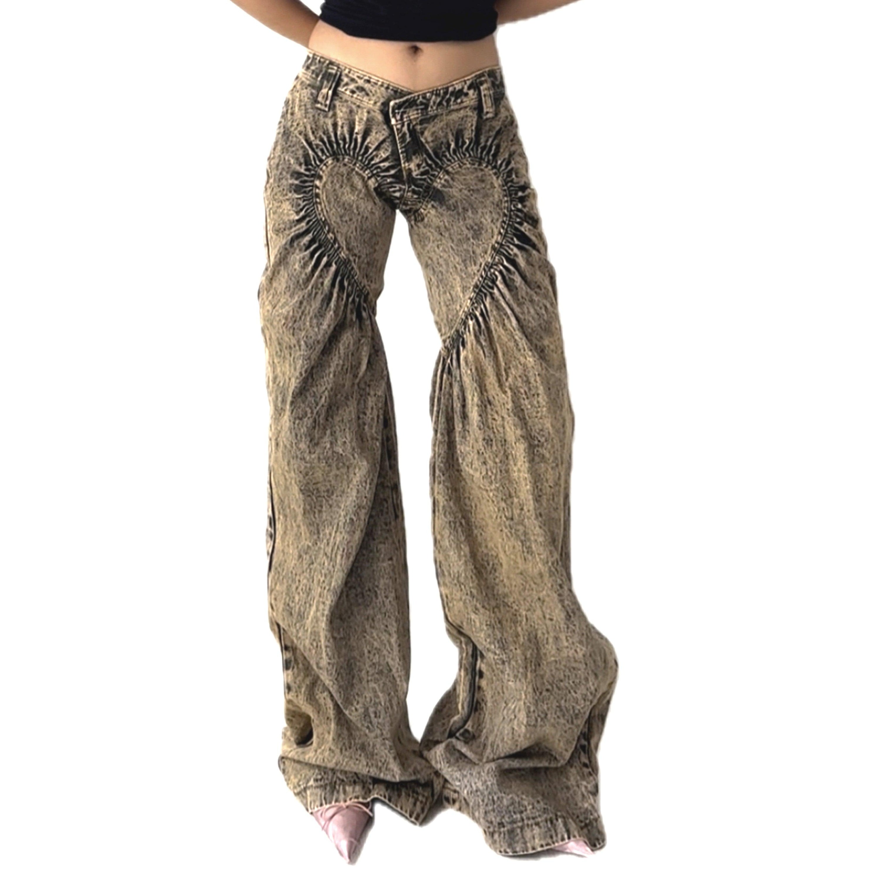 유니섹스 셔링 하트 디스트레스드 데님 진