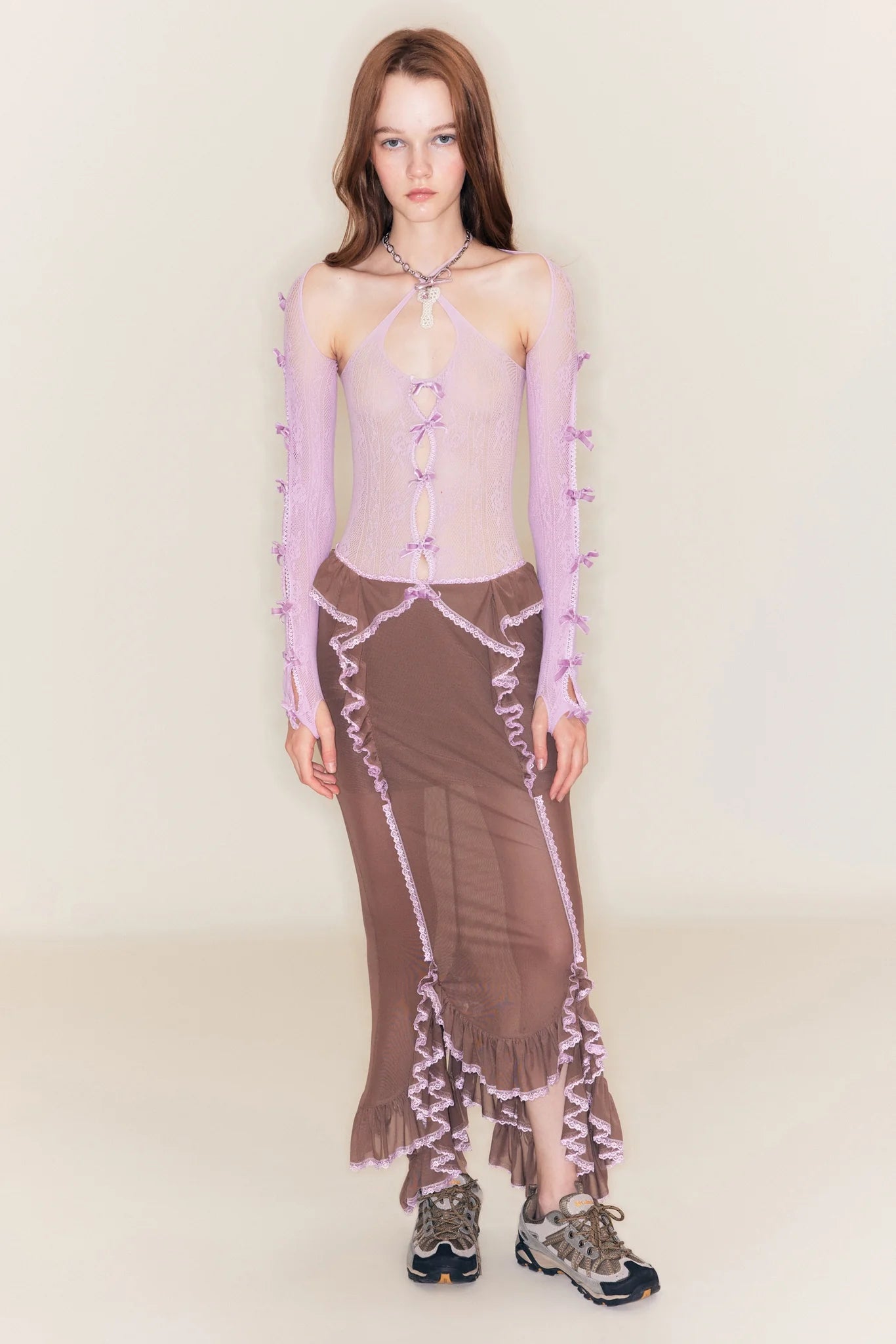 Purple Velvet Bow Lace Camisole Sleeve Set