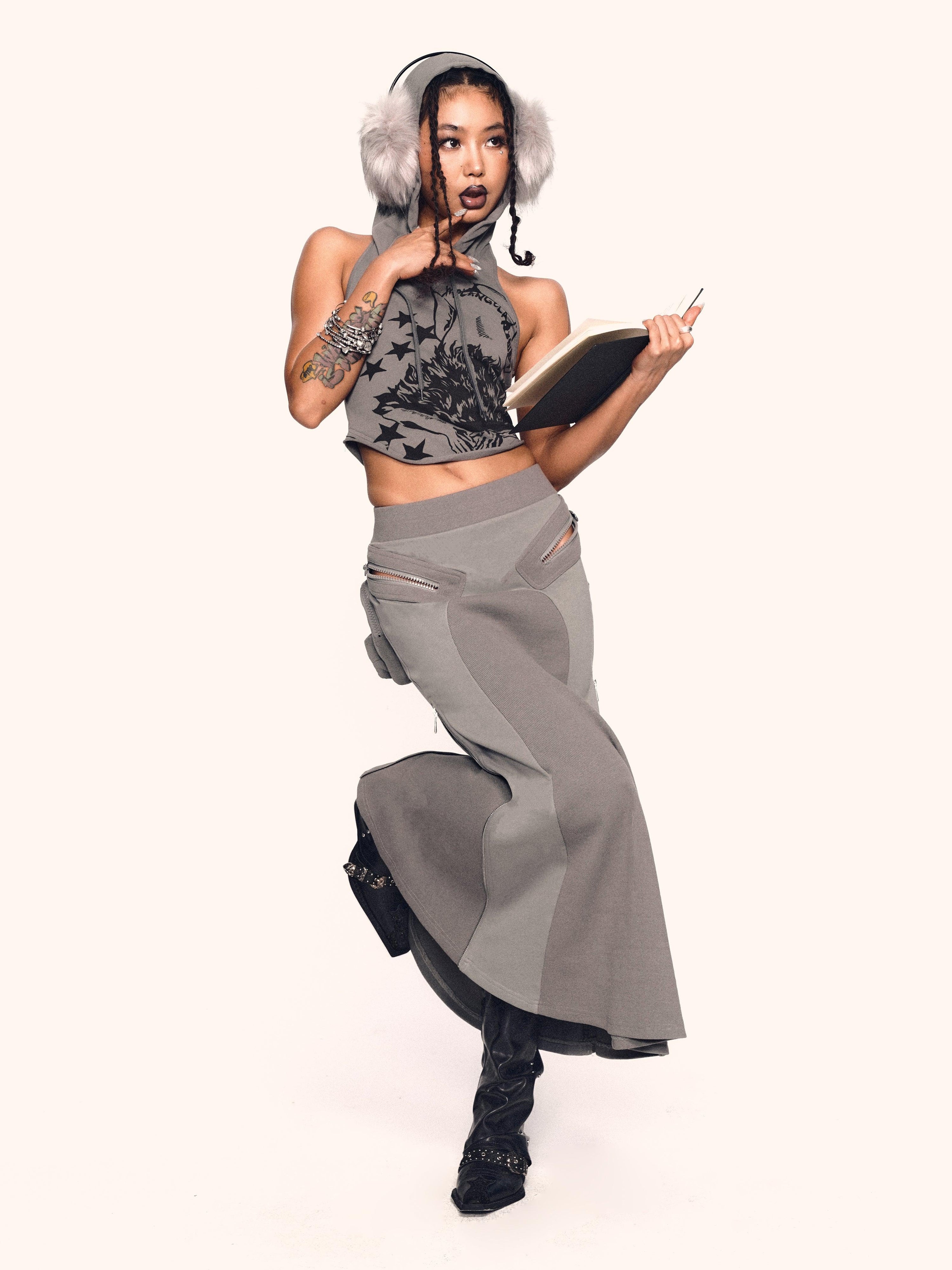 지퍼 포켓 맥시 스커트