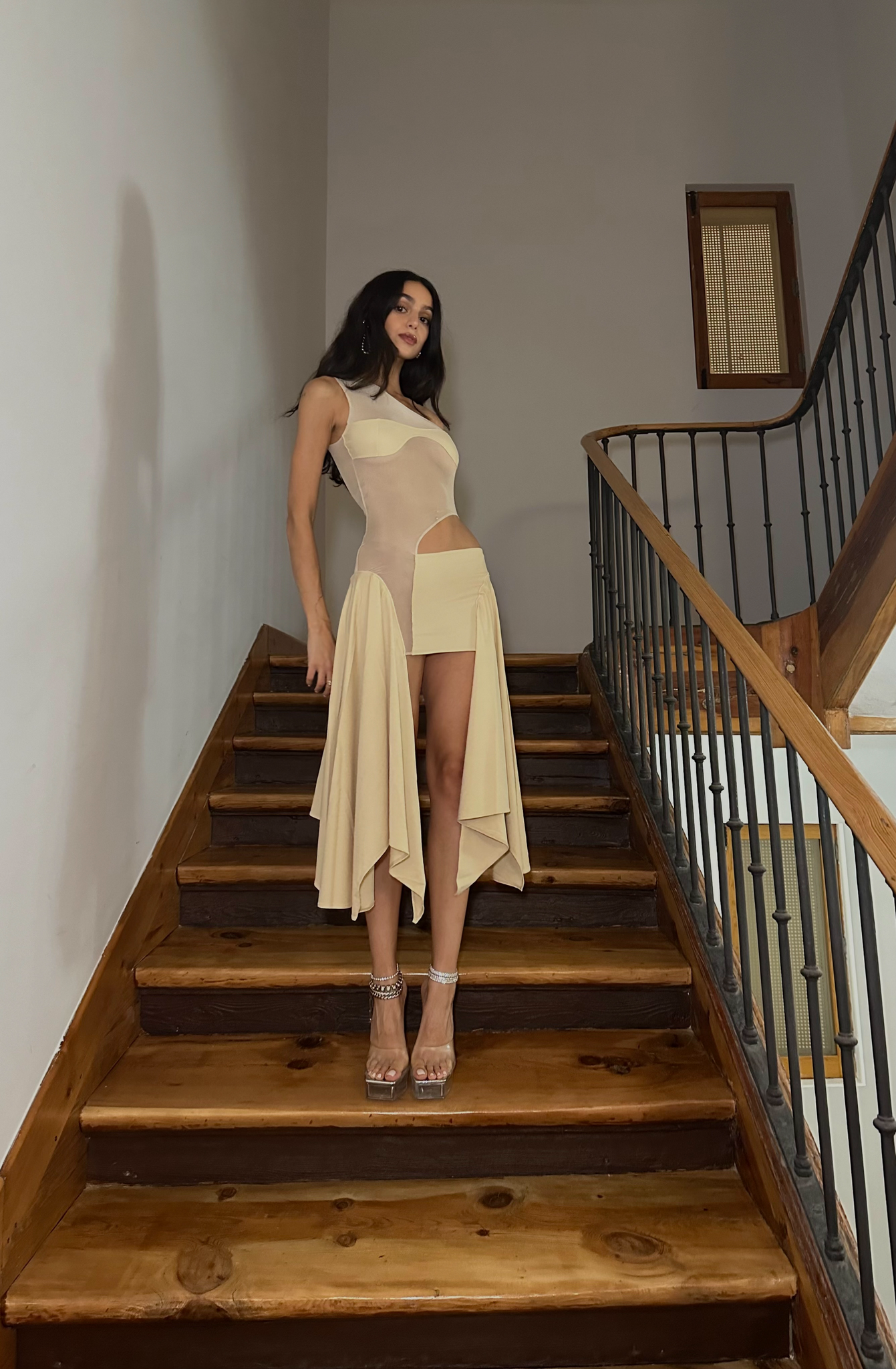 Tricot/Mesh Cut Out Dress in Beige