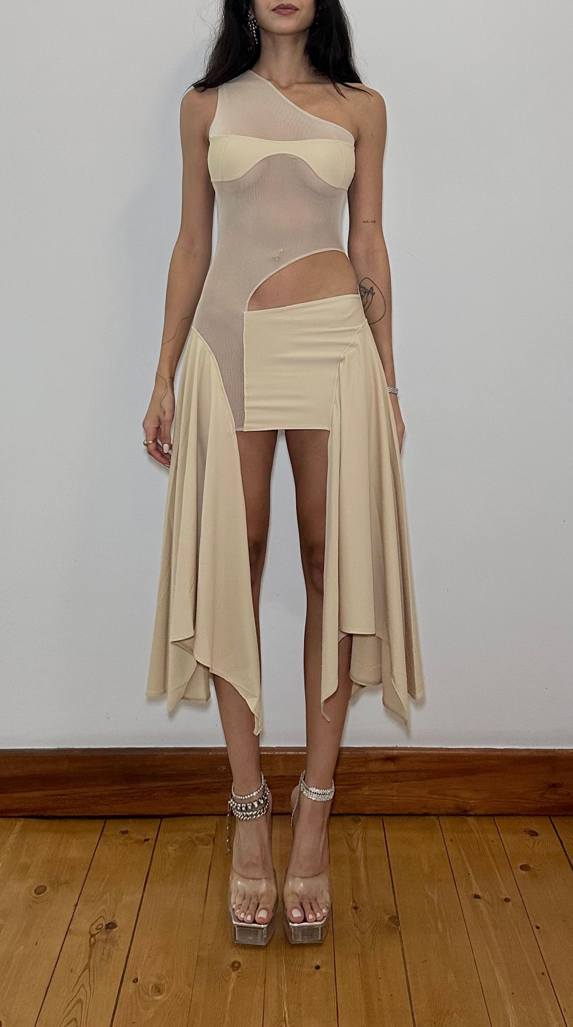 Tricot/Mesh Cut Out Dress in Beige