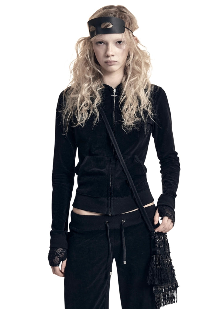 Cross Charm Velvet Hoodie Zip-up