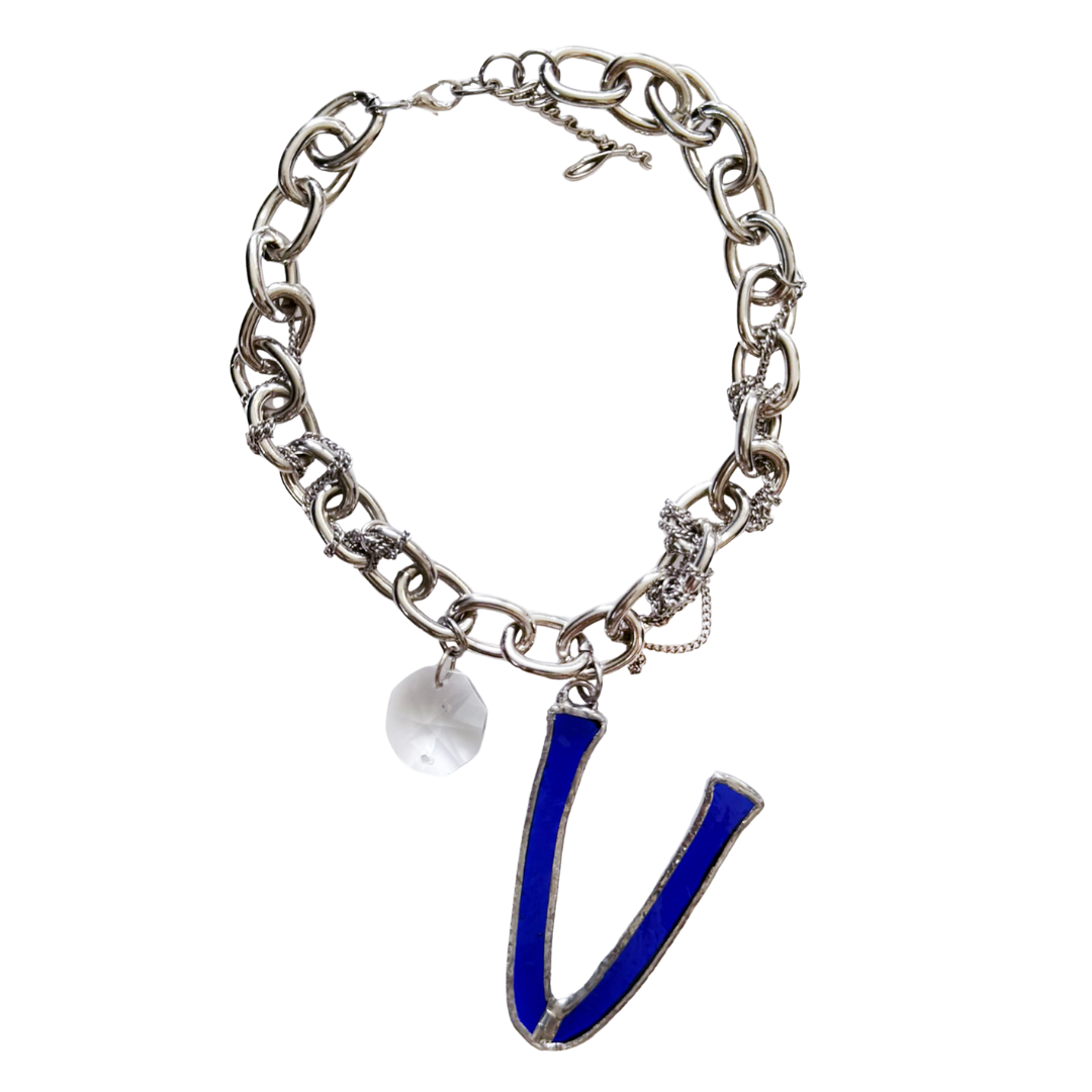 Stained Glass Initial Necklace in Blue