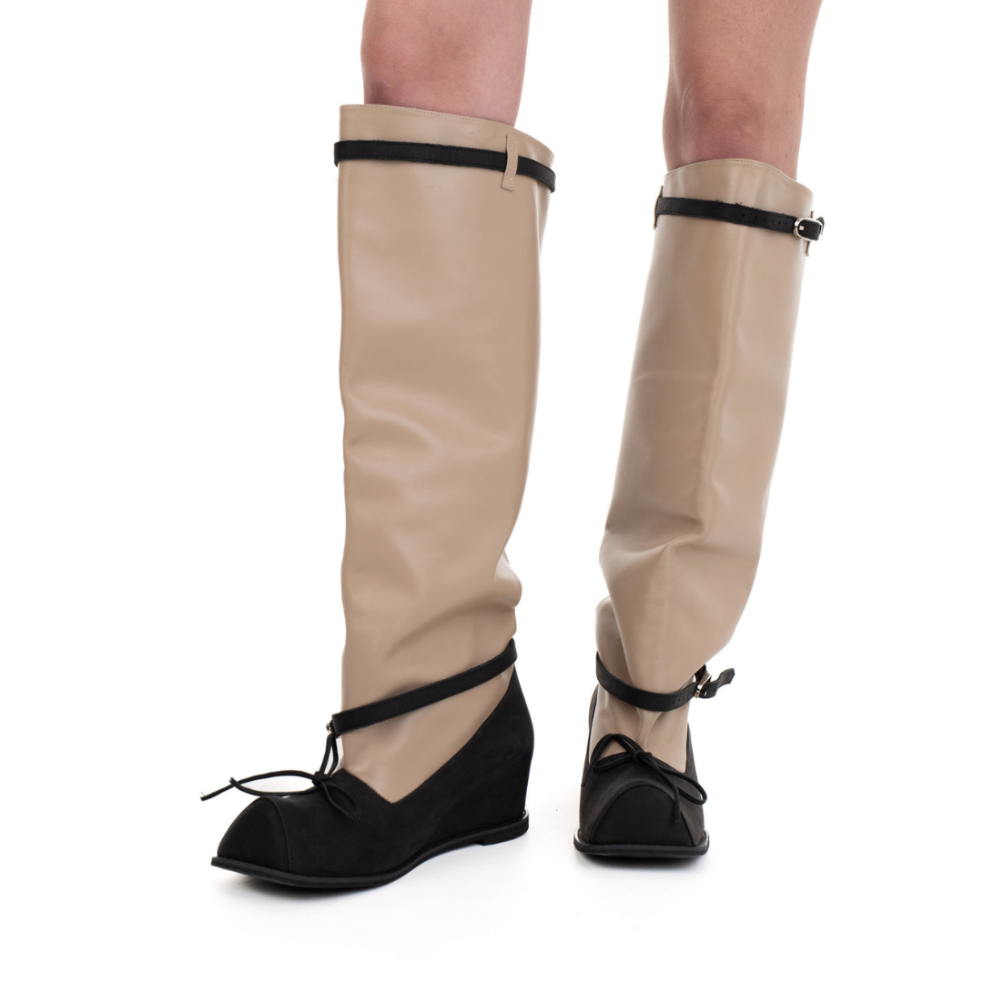 Hofa Knee High Buckle Boots In Beige and Black