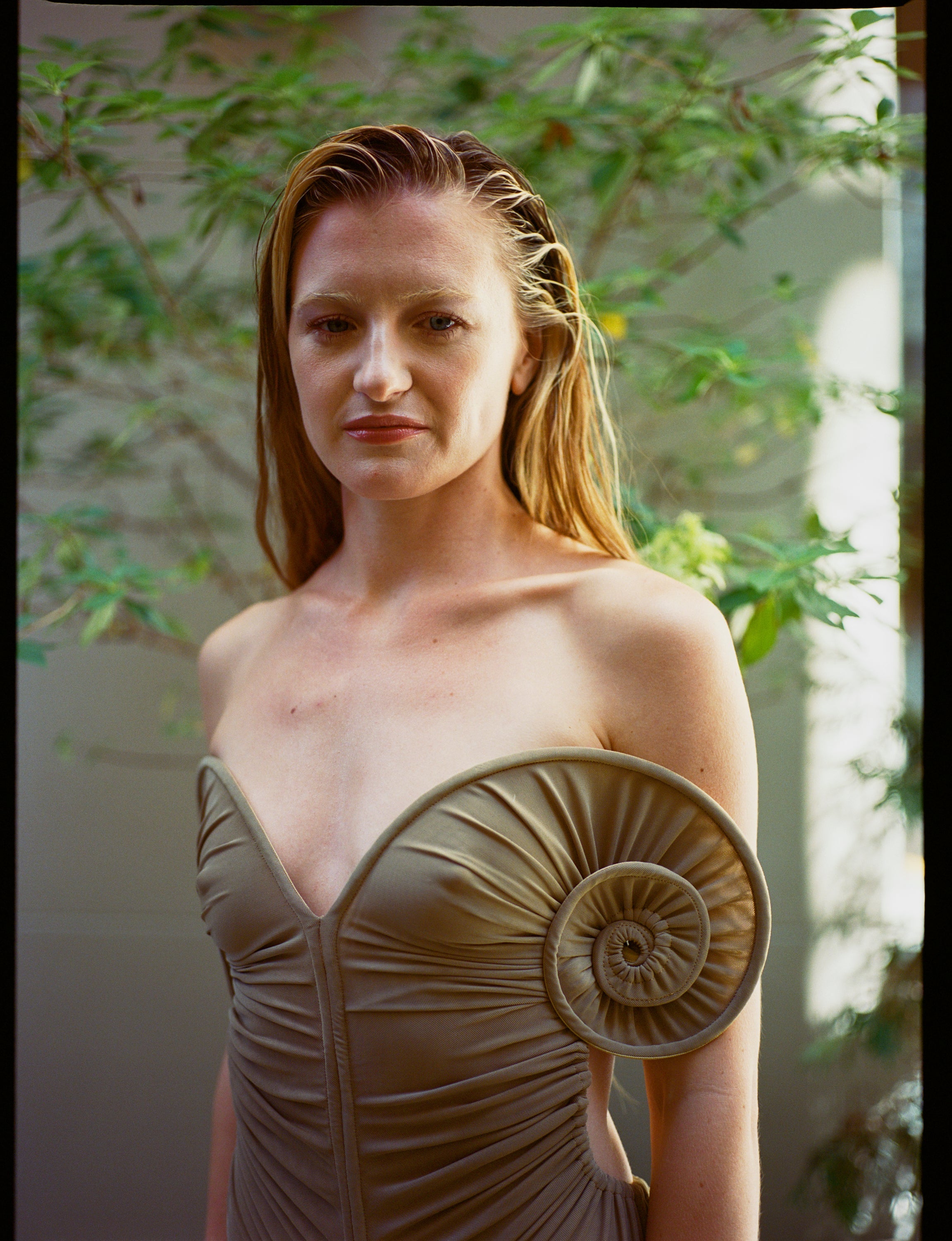 Draped Sea Shell Swirl Maxi Gown Khaki