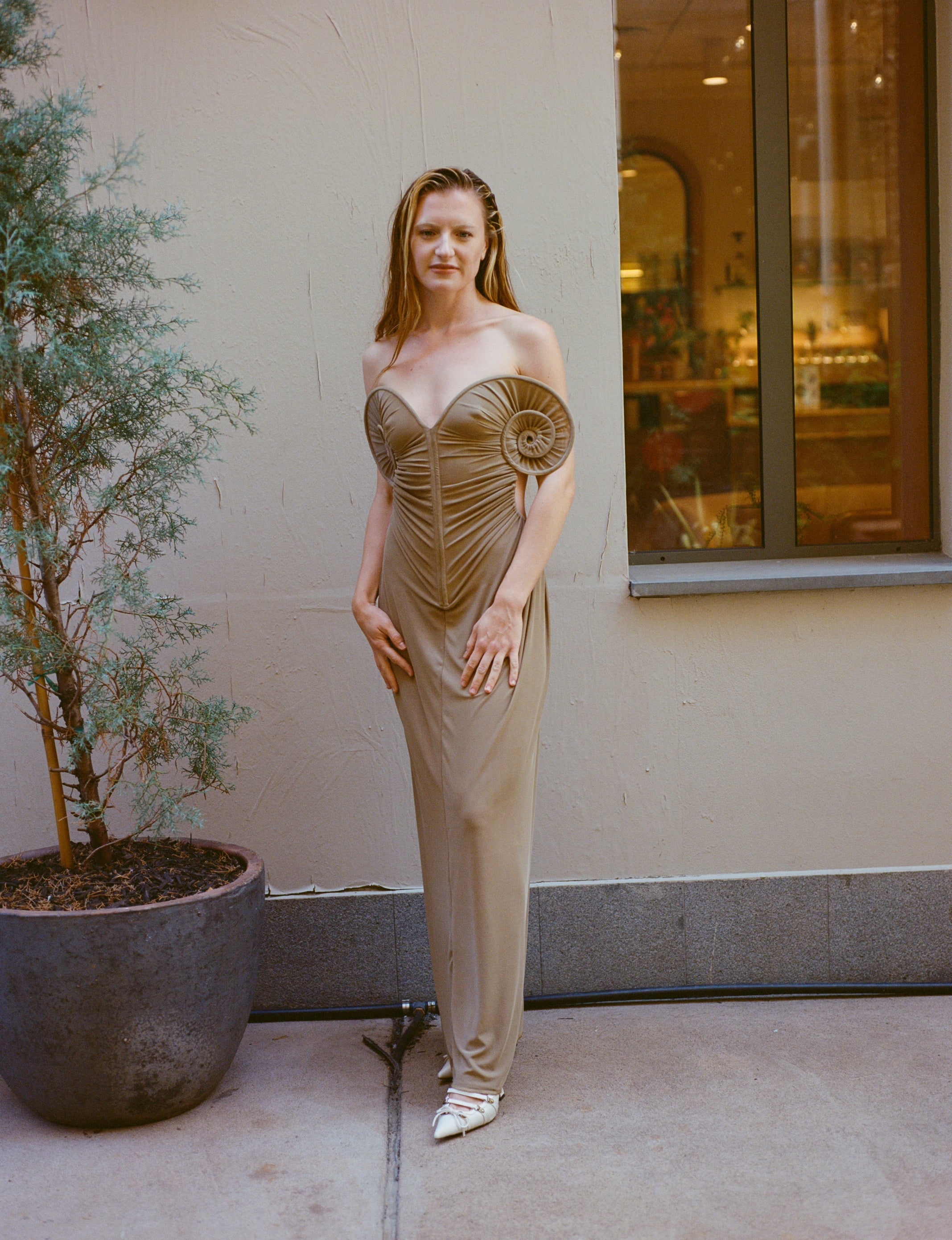 Draped Sea Shell Swirl Maxi Gown Khaki